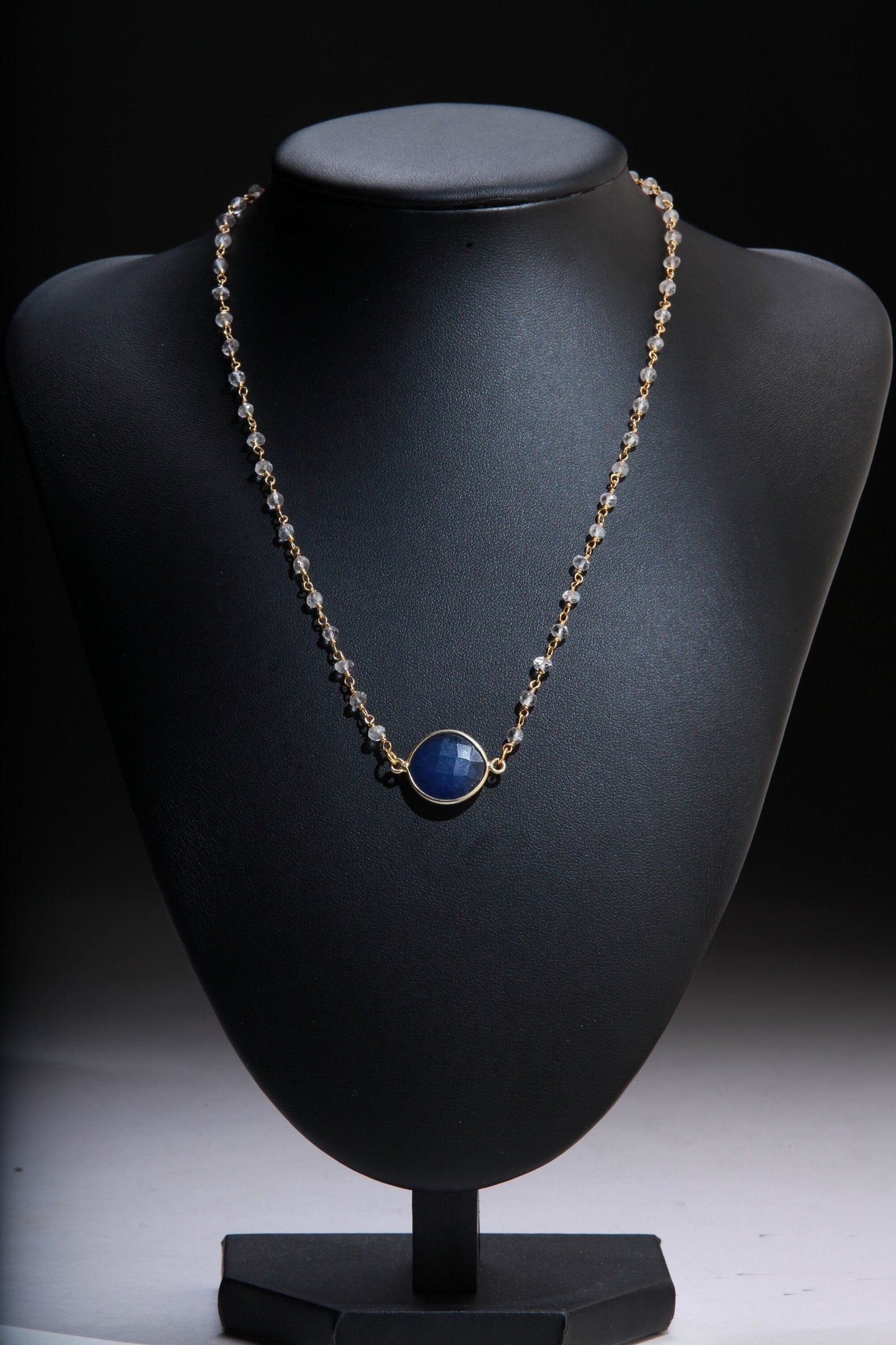 Sapphire Faceted Gold Bezel Pendant Necklace with Moonstone Beaded Rosary Chain 16"to 24" Necklace, September Birthstone, Girlfriend Gift