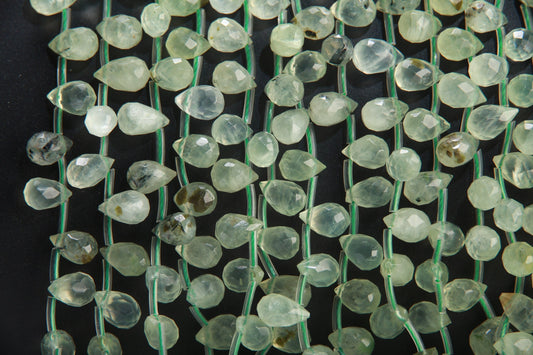 Natural Prehnite,Green Tourmalinated Quartz,Faceted Briolette Drops Shape 6x9mm Gemstones Side Drilled Beads 16" Strands 44Pcs,Single/Bulk