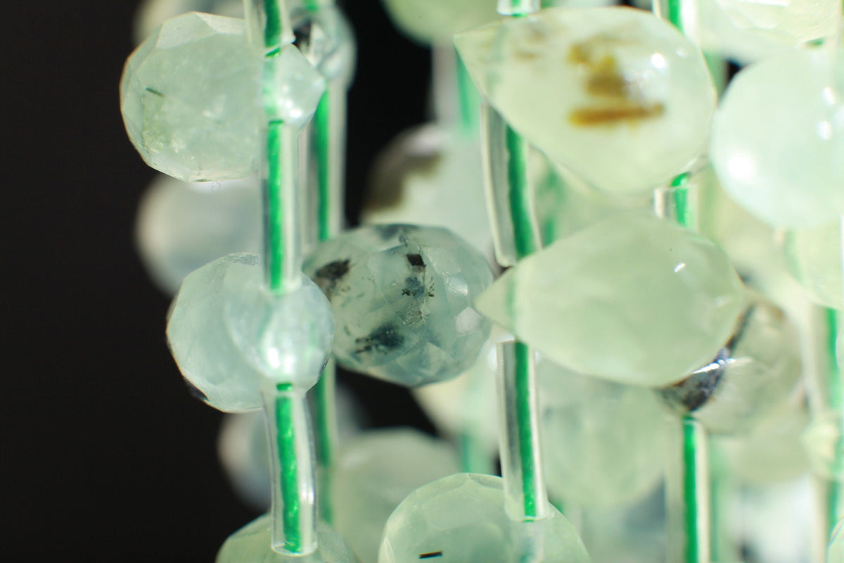 Natural Prehnite,Green Tourmalinated Quartz,Faceted Briolette Drops Shape 6x9mm Gemstones Side Drilled Beads 16" Strands 44Pcs,Single/Bulk