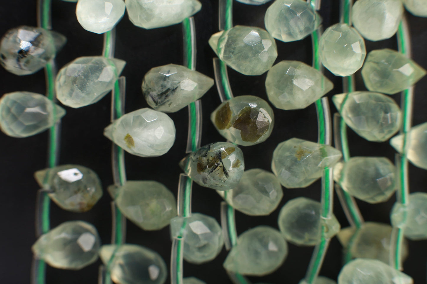 Natural Prehnite,Green Tourmalinated Quartz,Faceted Briolette Drops Shape 6x9mm Gemstones Side Drilled Beads 16&quot; Strands 44Pcs,Single/Bulk