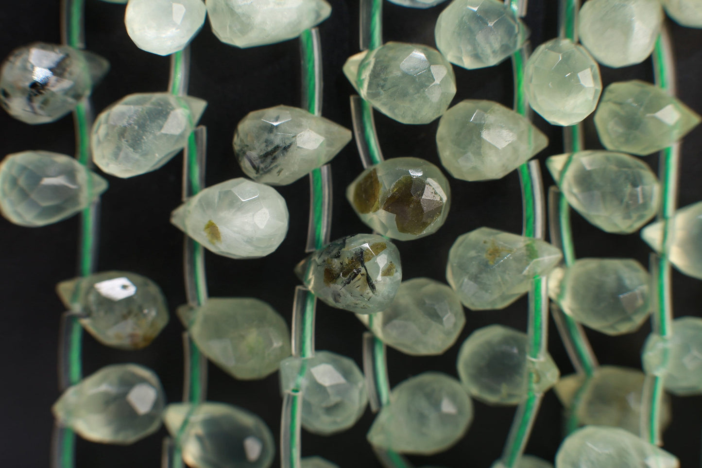 Natural Prehnite,Green Tourmalinated Quartz,Faceted Briolette Drops Shape 6x9mm Gemstones Side Drilled Beads 16" Strands 44Pcs,Single/Bulk