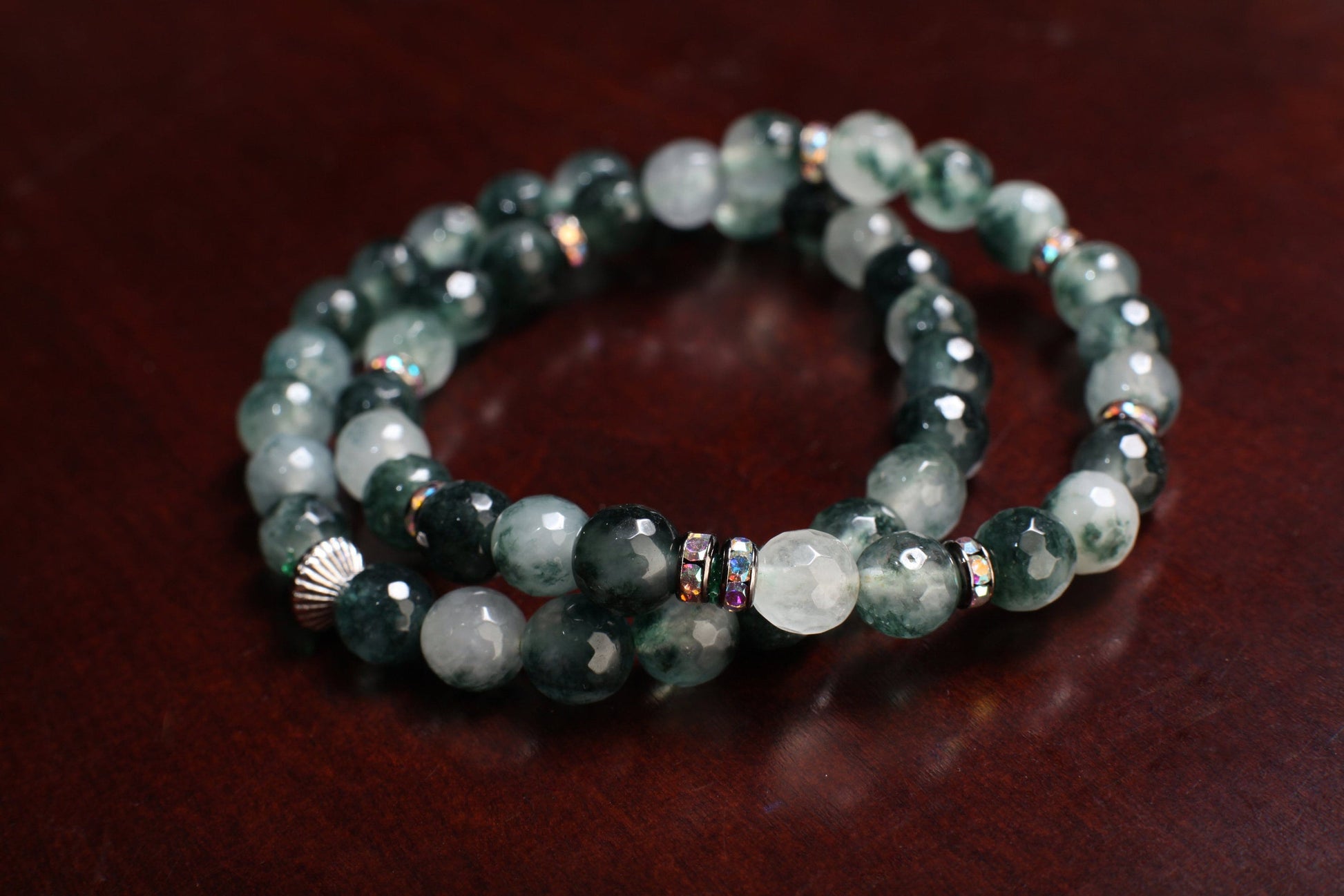 Moss Agate 8mm Faceted Round Natural Gemstone Chakra Stretchy Bracelet. Choice of Bling Rhinestone or Bali Style Rondelle, Man, woman&#39;s gift