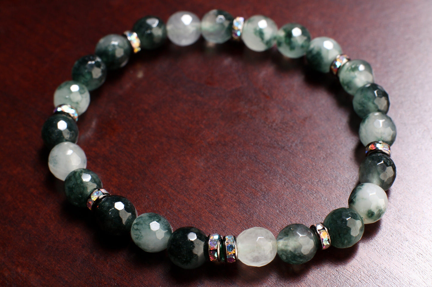 Moss Agate 8mm Faceted Round Natural Gemstone Chakra Stretchy Bracelet. Choice of Bling Rhinestone or Bali Style Rondelle, Man, woman&#39;s gift