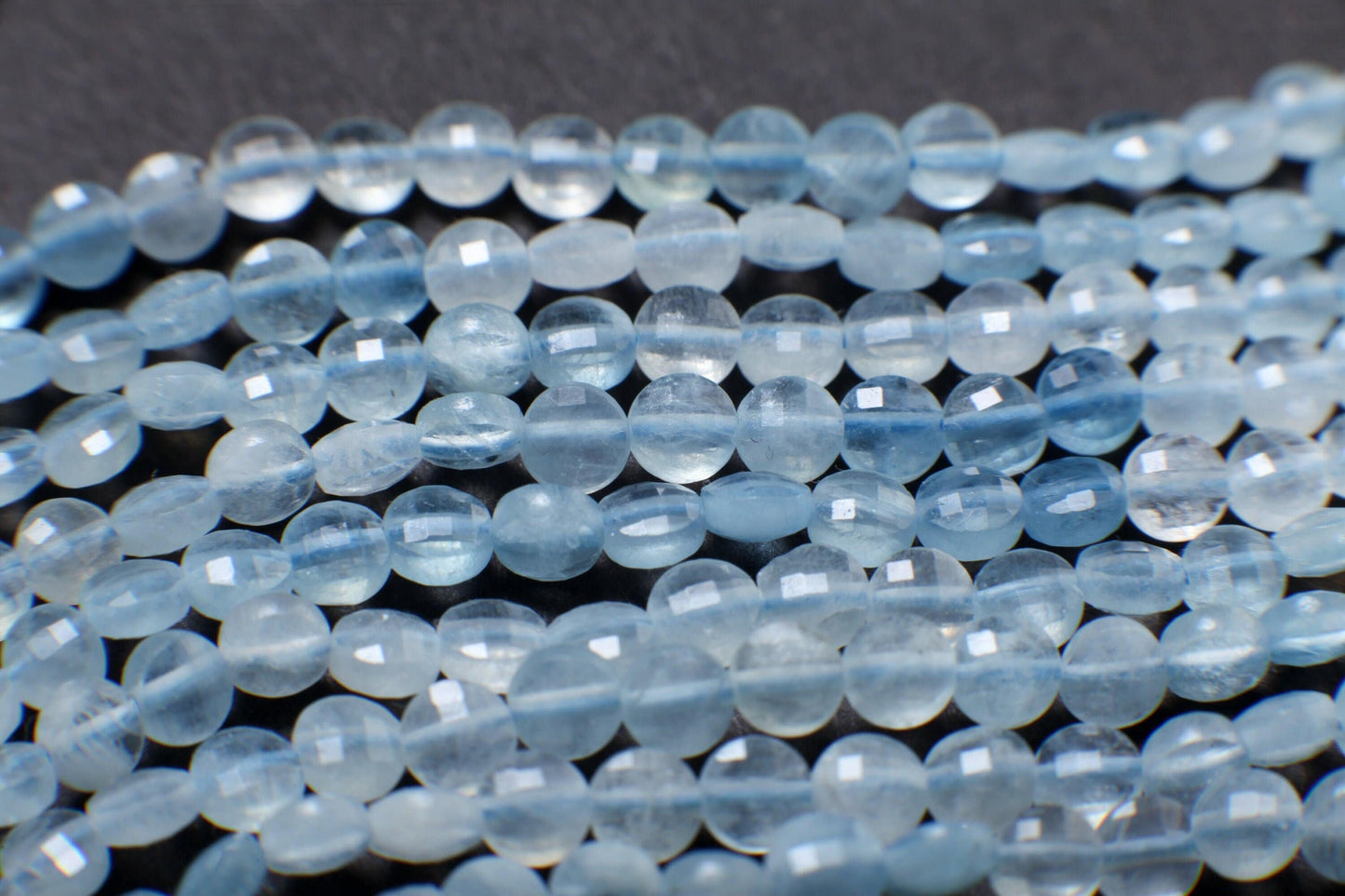 Natural Aquamarine Gemstone Sky Blue Faceted 3.5-4mm Coin Shape, shaded Aquamarine , Jewelry Making 12.5" strand.High quality