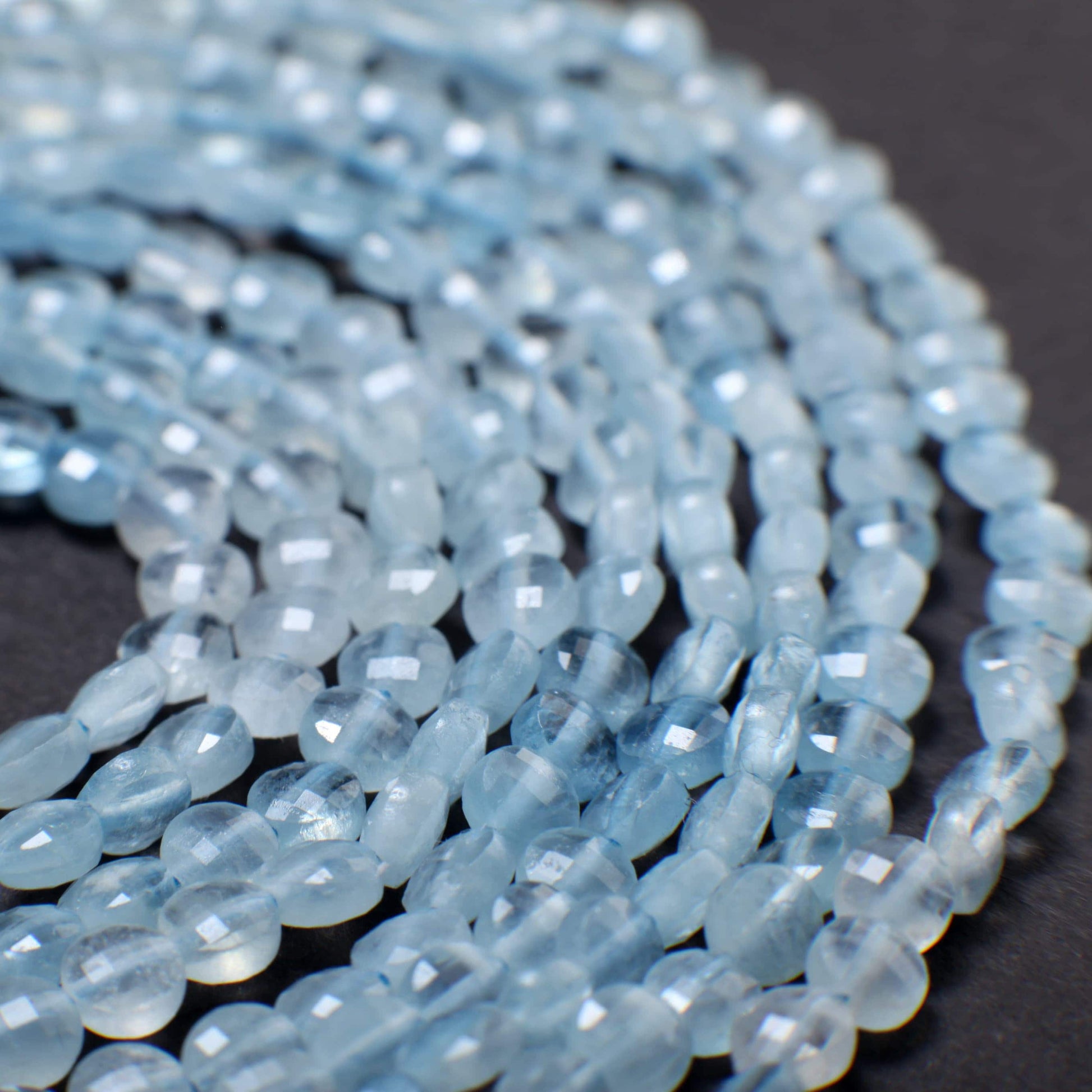 Natural Aquamarine Gemstone Sky Blue Faceted 3.5-4mm Coin Shape, shaded Aquamarine , Jewelry Making 12.5" strand.High quality