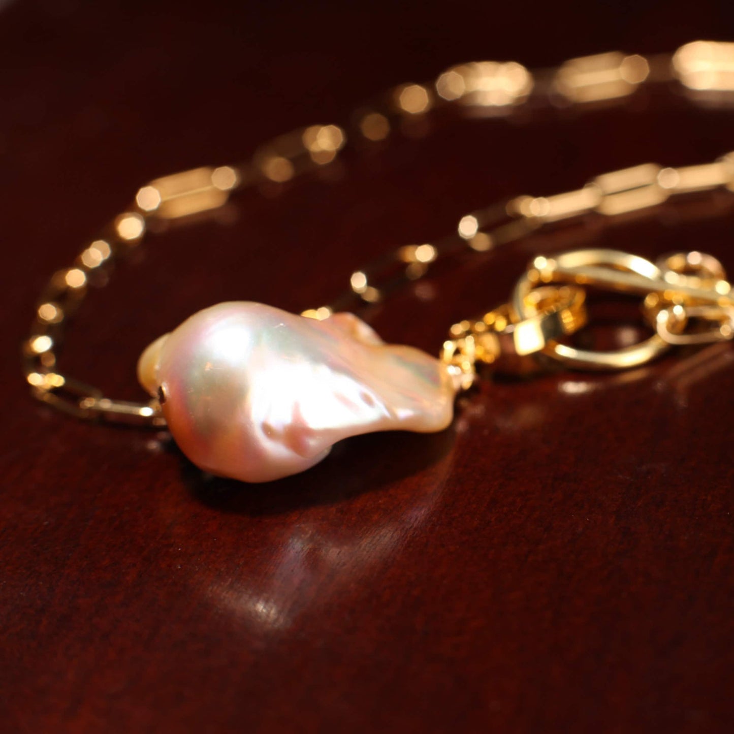 14k Gold Filled 3x8mm Paperclip Chain,Freshwater15x25mm Flame Ball Baroque Peach Pearl Interchangeable Pendant Necklace