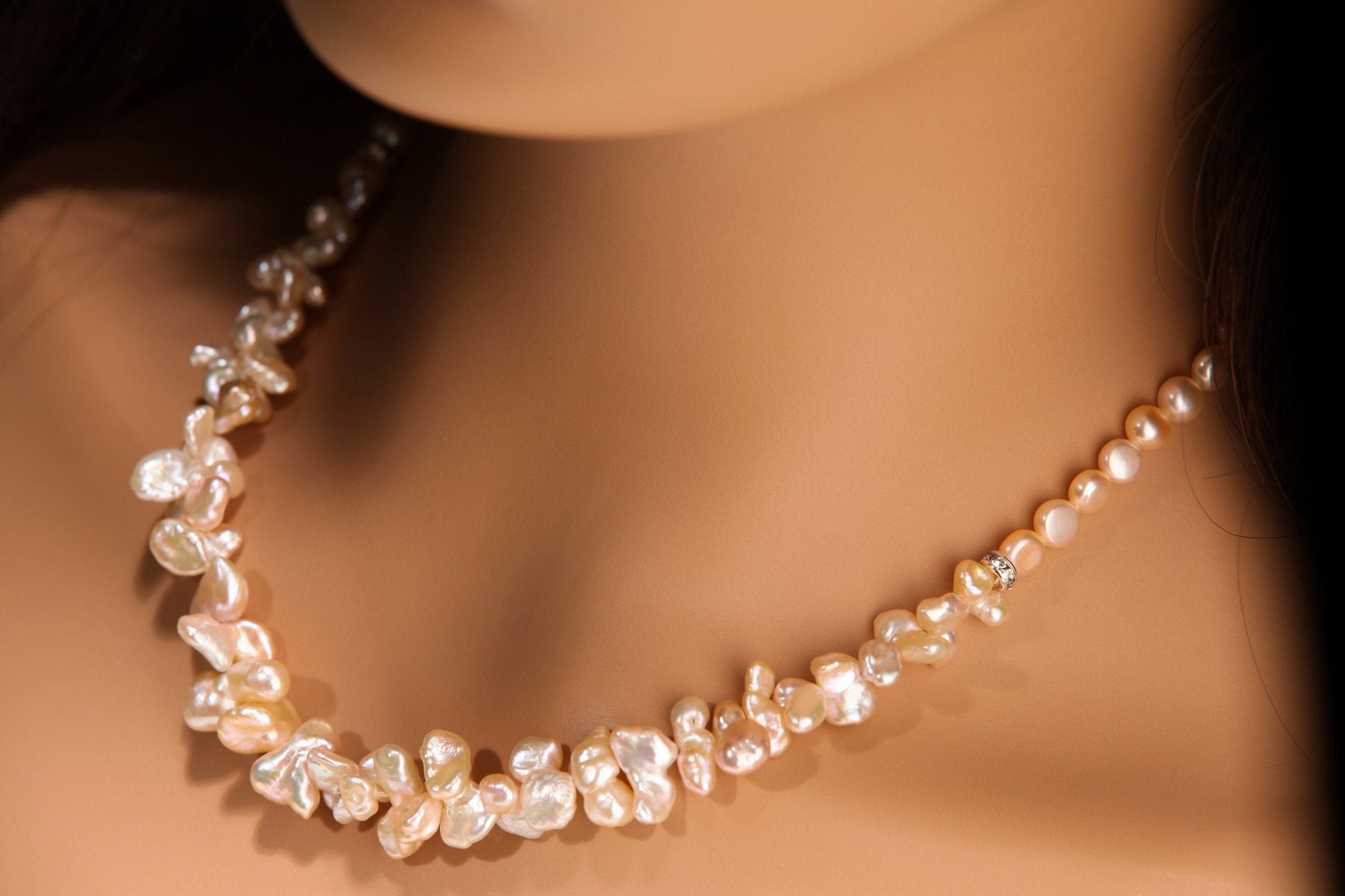 Natural Freshwater Champagne Pink Keshi Pearl, 6mm Freshwater Button Pink, Pearl High Luster Pearl Necklace with 3&quot; Extension, Bridal, Gift