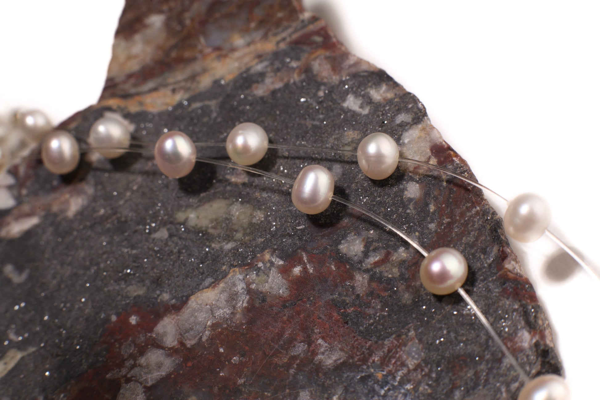 Natural Freshwater Cultured White Pearl 5mm Multi Strand 2 Line Floating Bridal Illusion Necklace 16" Plus 3" Extension, 925 Sterling Silver