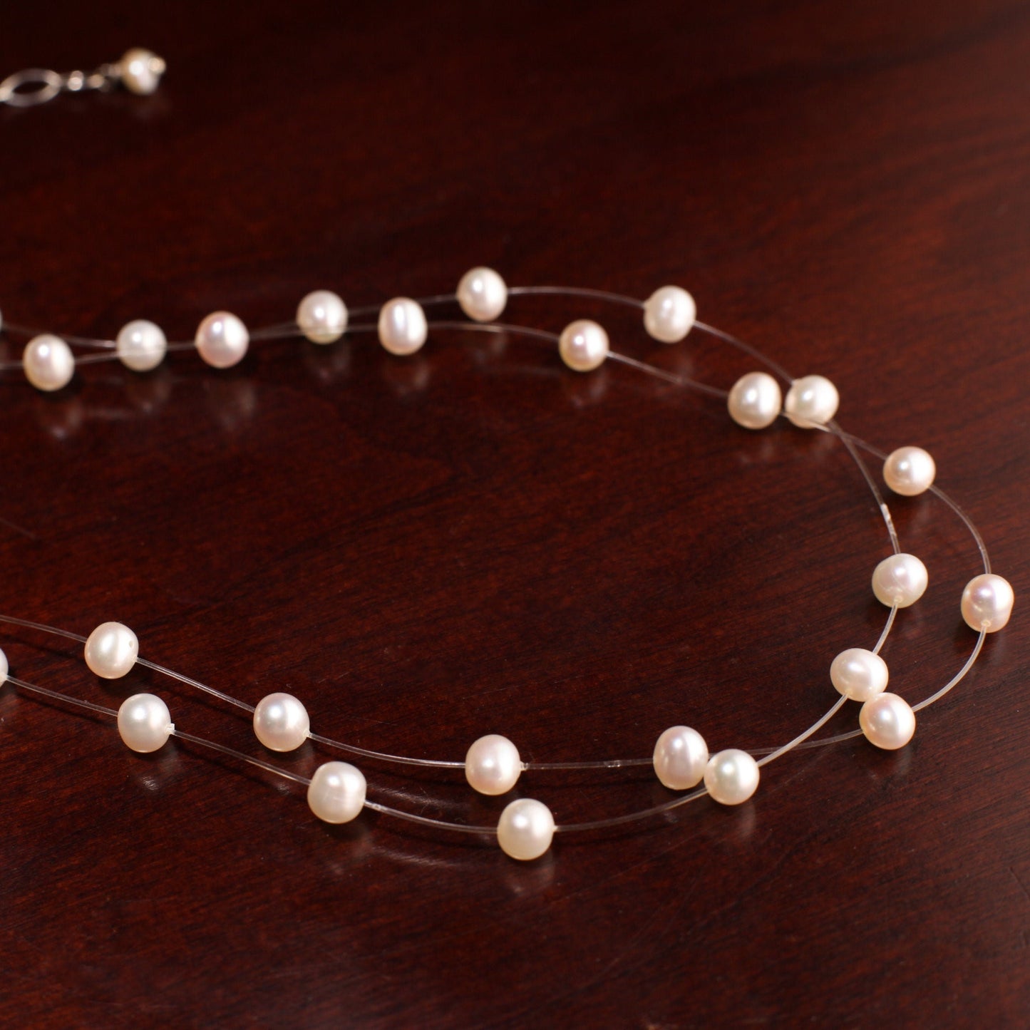 Natural Freshwater Cultured White Pearl 5mm Multi Strand 2 Line Floating Bridal Illusion Necklace 16" Plus 3" Extension, 925 Sterling Silver