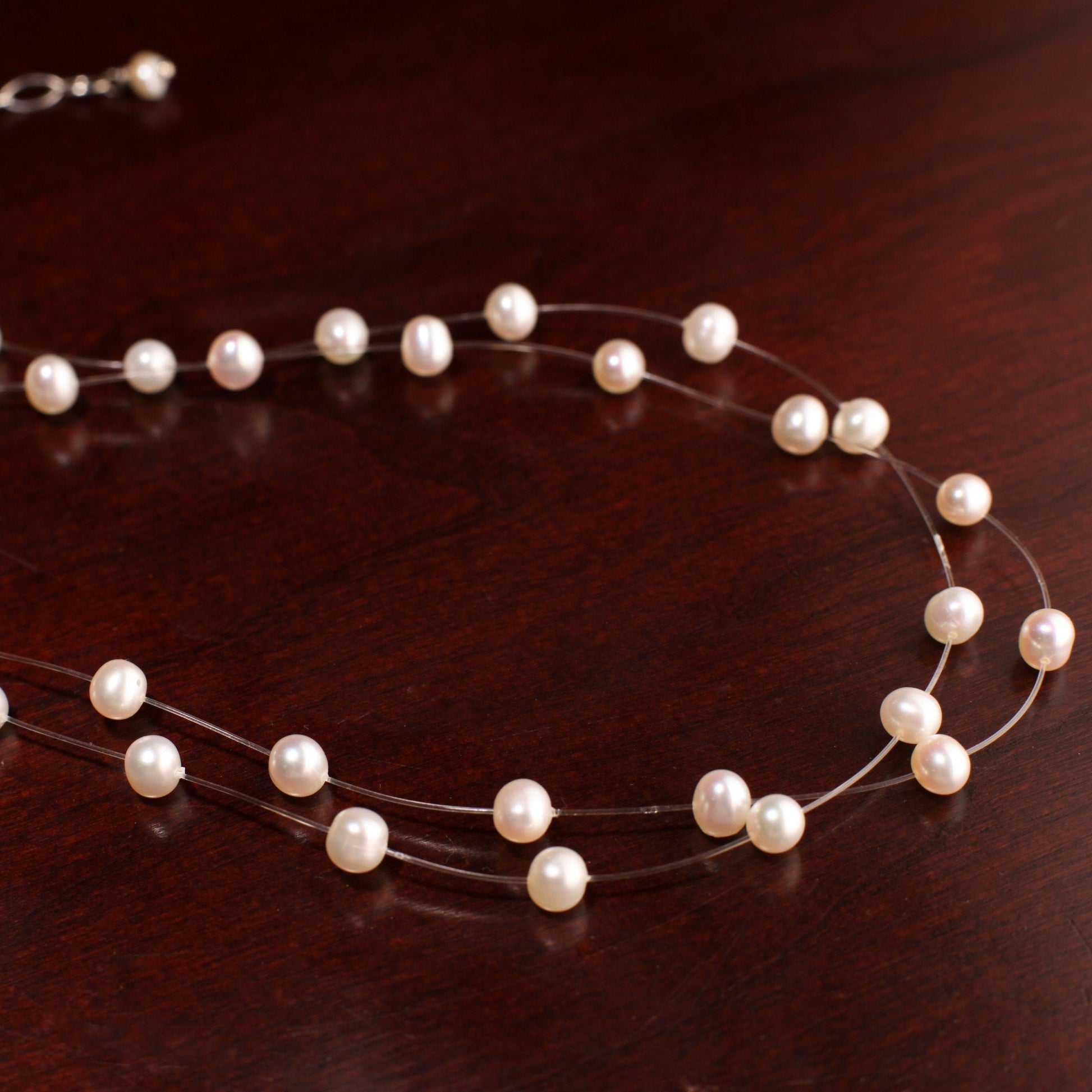 Natural Freshwater Cultured White Pearl 5mm Multi Strand 2 Line Floating Bridal Illusion Necklace 16" Plus 3" Extension, 925 Sterling Silver