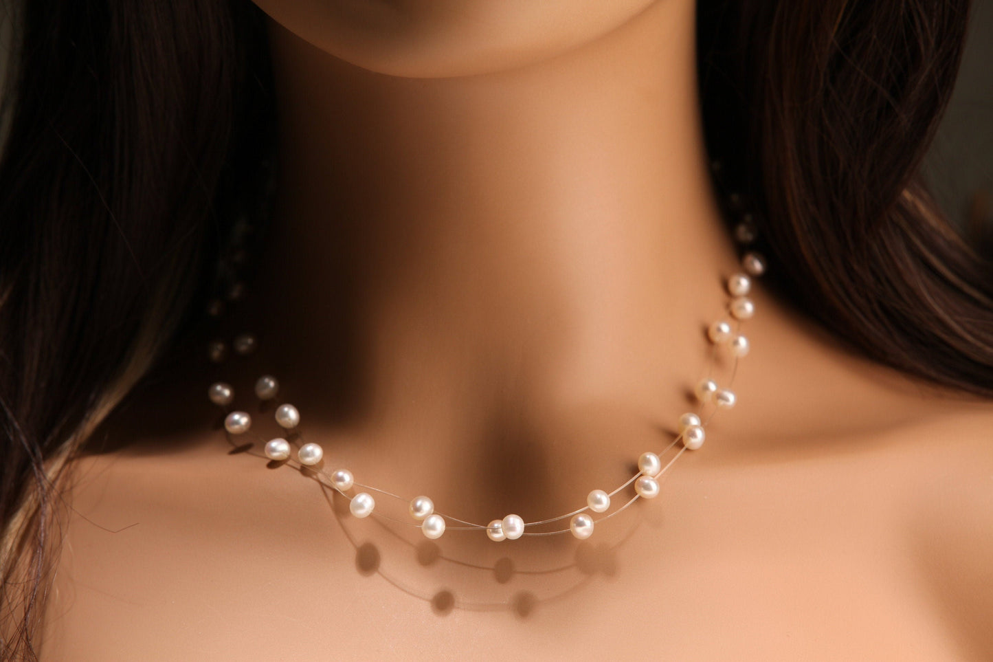 Natural Freshwater Cultured White Pearl 5mm Multi Strand 2 Line Floating Bridal Illusion Necklace 16" Plus 3" Extension, 925 Sterling Silver