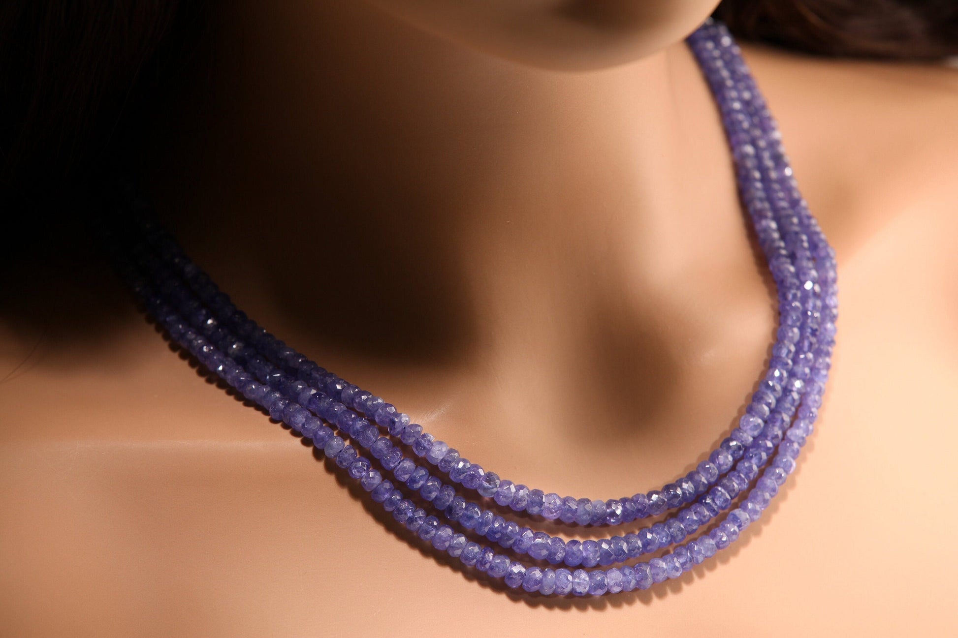 3 line Natural Tanzanite Faceted 5-6mm Large Rondelle 16" Plus Adjustable Long Thread Necklace. AAA Quality. Beautiful Gift, 330 Cts,AAA+
