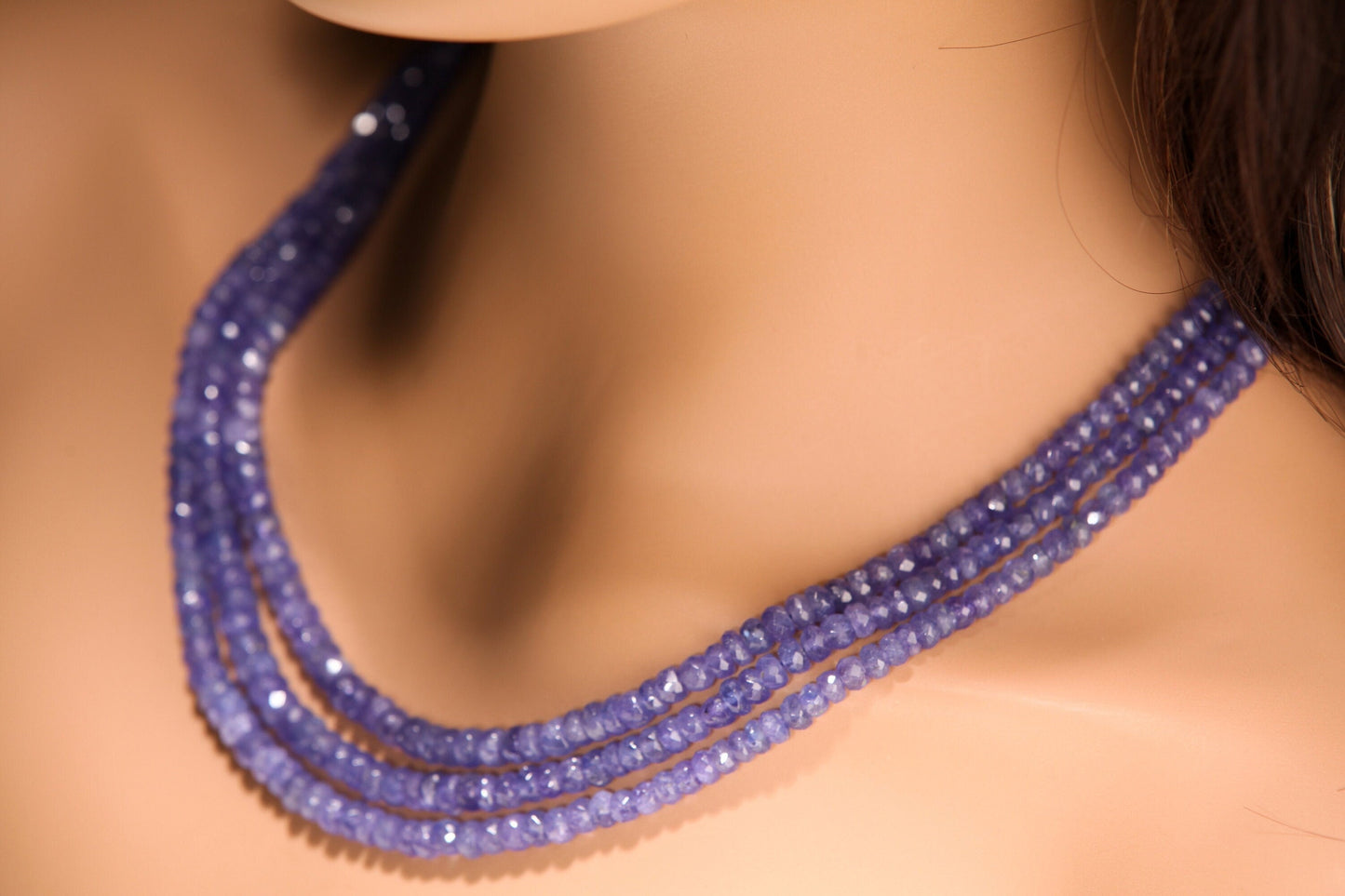 3 line Natural Tanzanite Faceted 5-6mm Large Rondelle 16" Plus Adjustable Long Thread Necklace. AAA Quality. Beautiful Gift, 330 Cts,AAA+