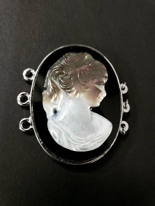 Black lip Mother of Pearl Cameo 3 loop clasp ,39x41Mm large vintage hand curved over Black Onyx surface Rhodium silver clasp .