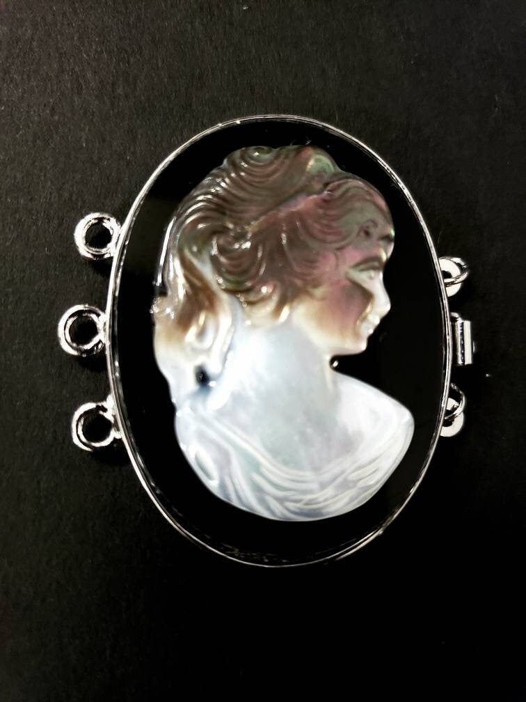 Black lip Mother of Pearl Cameo 3 loop clasp ,39x41Mm large vintage hand curved over Black Onyx surface Rhodium silver clasp .