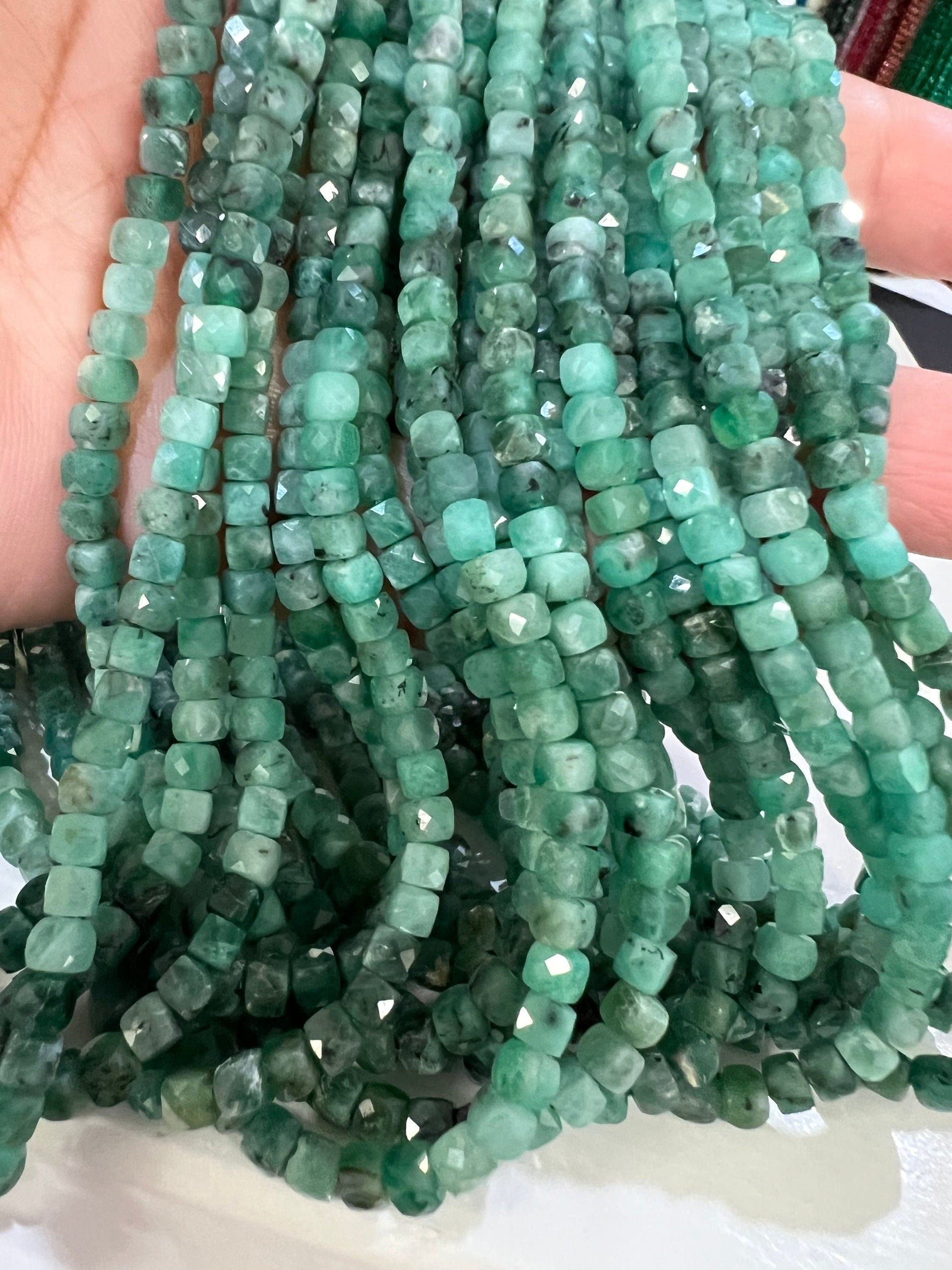 Natural Emerald square cube dice shape 4-4.5mm Faceted Gemstone Beads 12.25”Strand