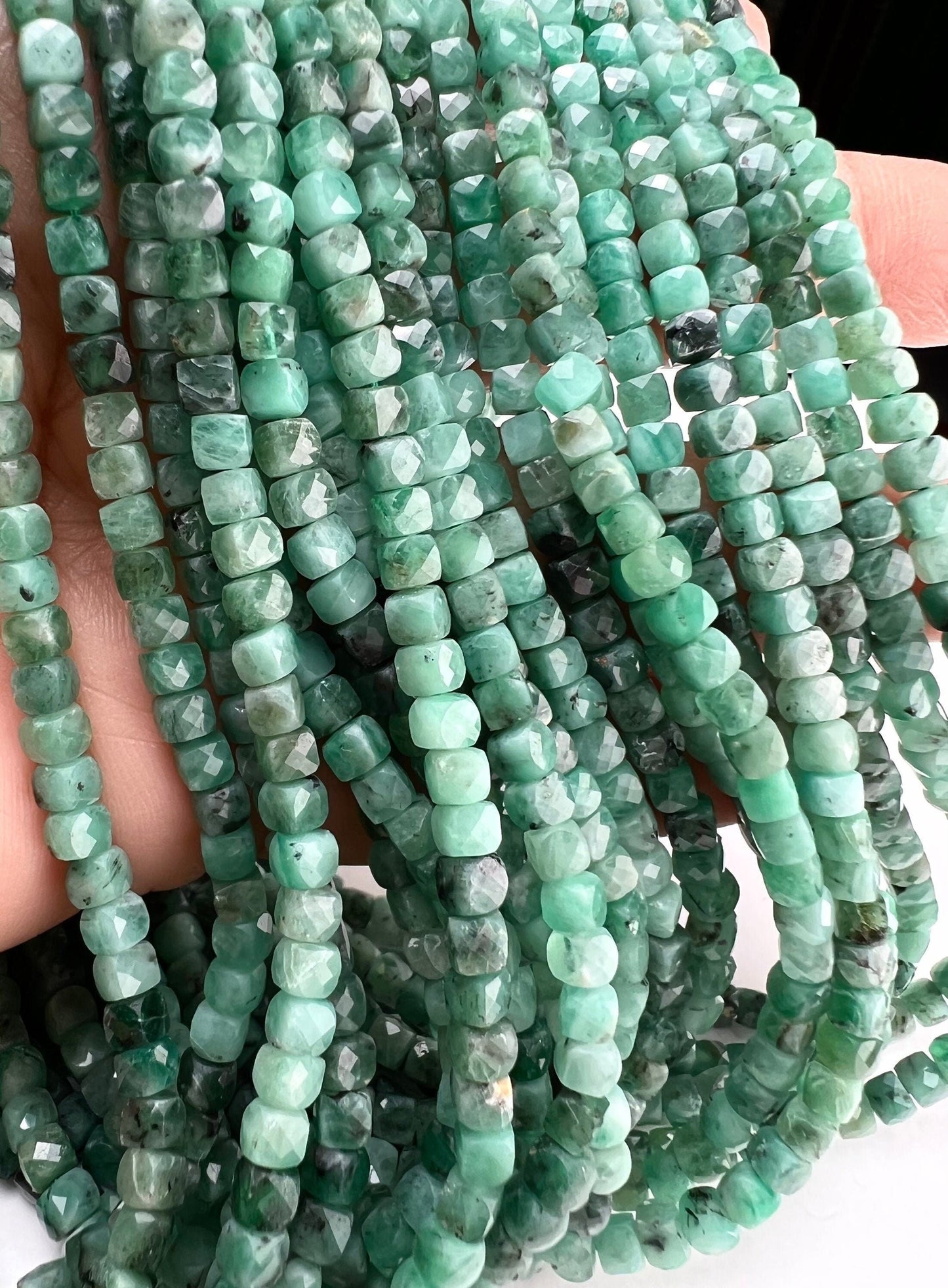 Natural Emerald square cube dice shape 4-4.5mm Faceted Gemstone Beads 12.25”Strand