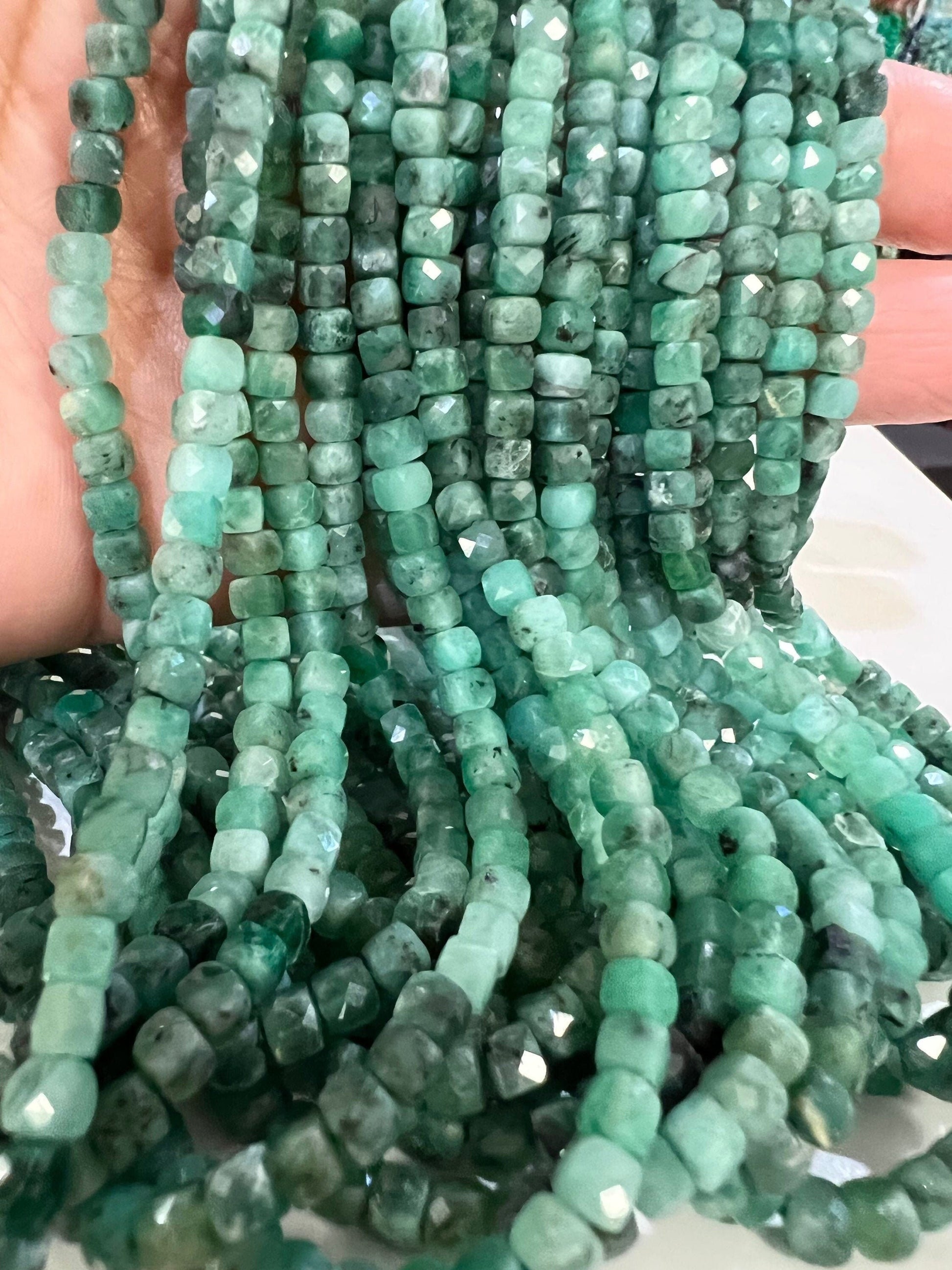 Natural Emerald square cube dice shape 4-4.5mm Faceted Gemstone Beads 12.25”Strand