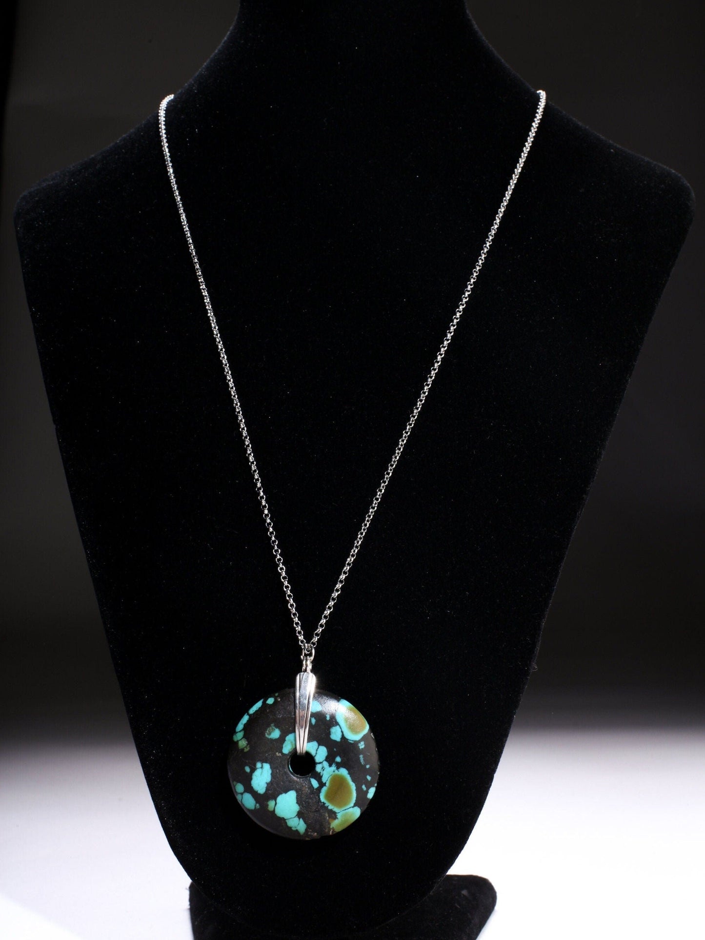 Natural Tibetan Spiderweb Turquoise 40-45mm Donut Charm with 925 Sterling Silver Donut Holder and Rhodium Plated 24&quot; Rolo Chain Necklace