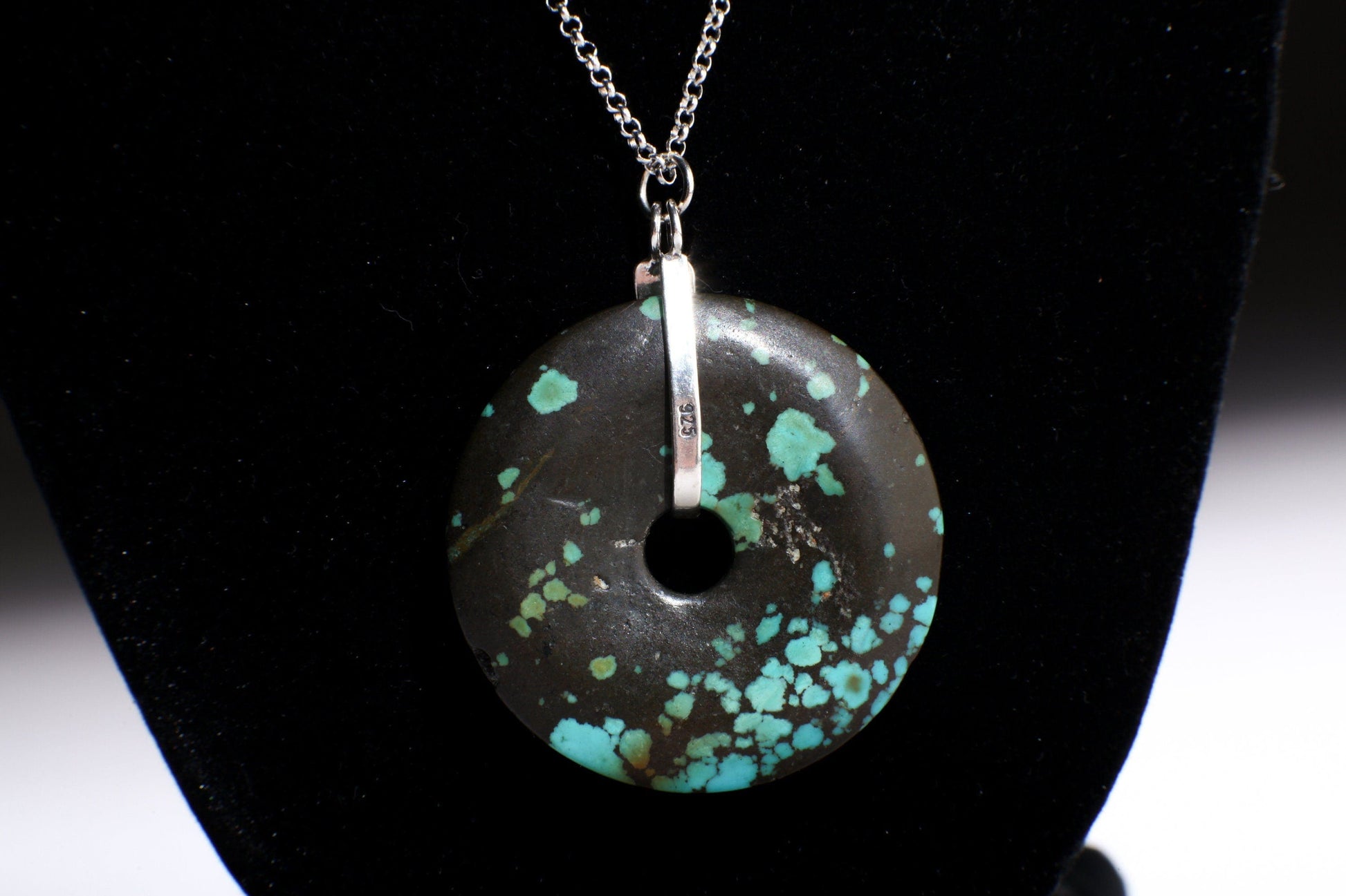 Natural Tibetan Spiderweb Turquoise 40-45mm Donut Charm with 925 Sterling Silver Donut Holder and Rhodium Plated 24&quot; Rolo Chain Necklace