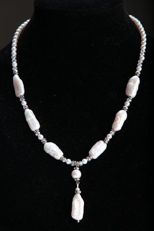 Natural Freshwater Biwa Pearl 10x20mm with Oyster Shell Pearl and Crystal Accent Adjustable Chains 16.5&quot; to 18&quot; Y Necklace
