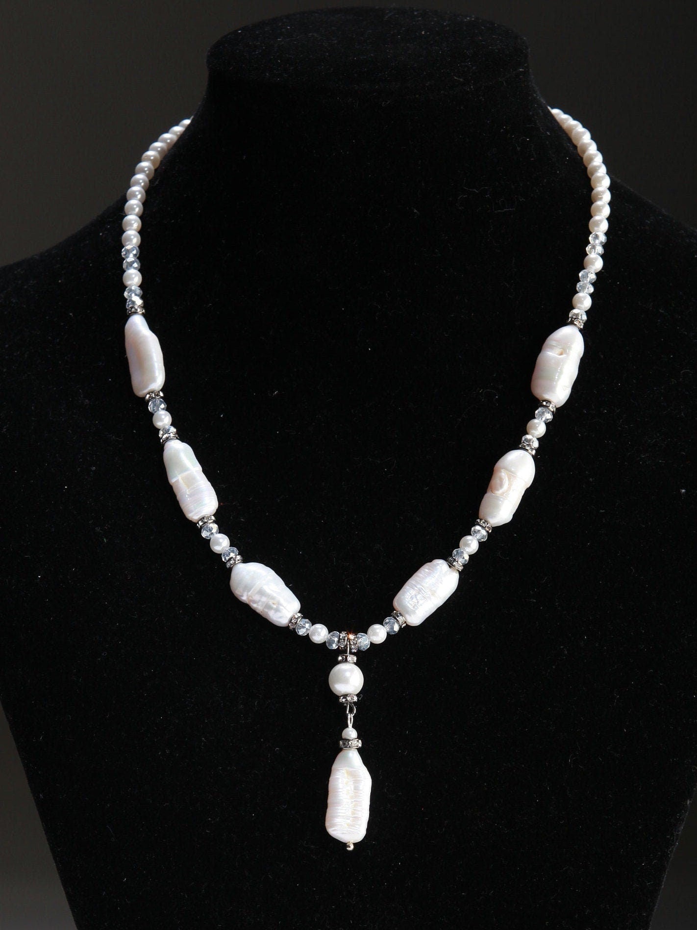 Natural Freshwater Biwa Pearl 10x20mm with Oyster Shell Pearl and Crystal Accent Adjustable Chains 16.5" to 18" Y Necklace