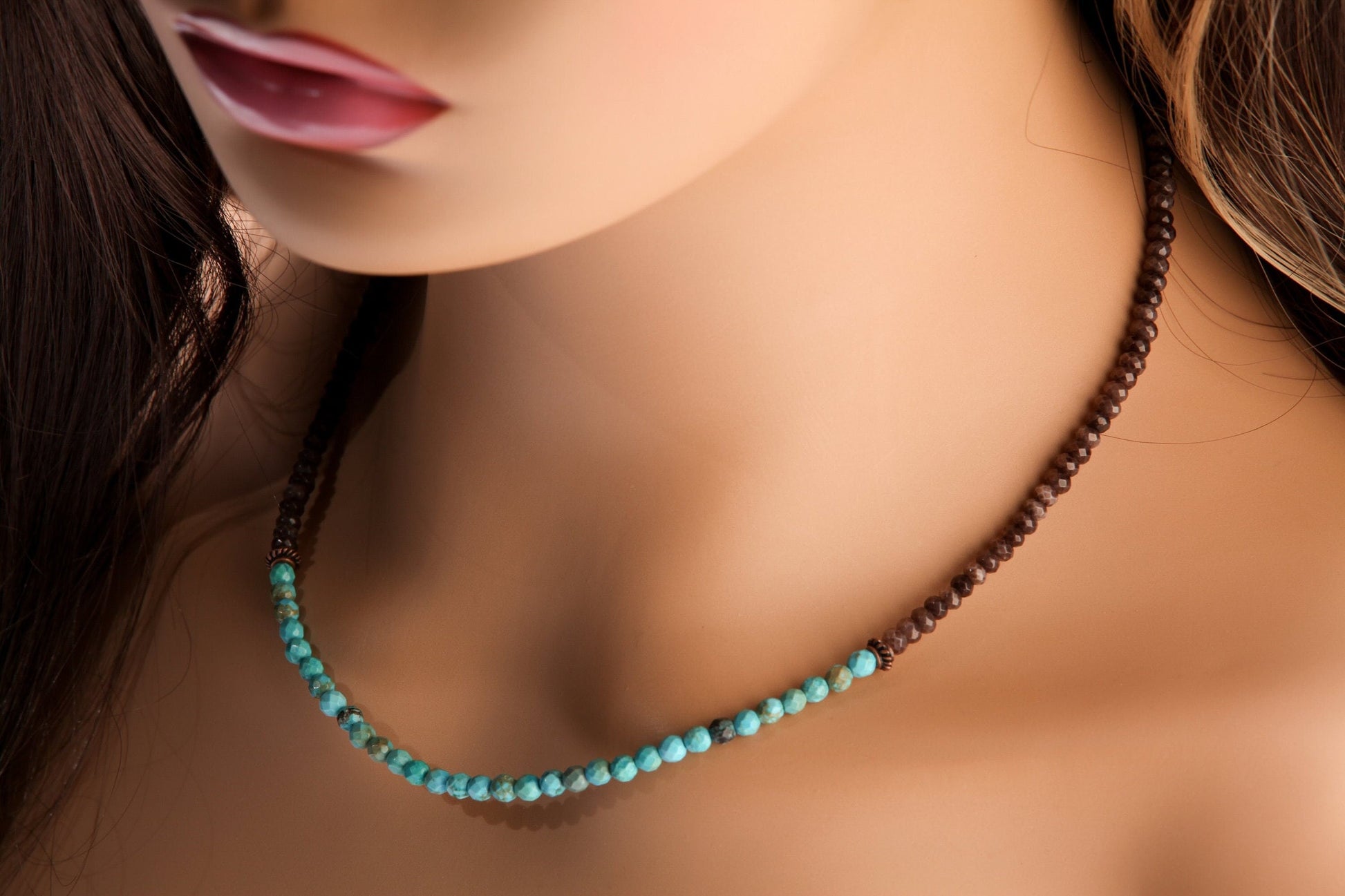 Genuine Blue Turquoise 4mm Faceted Round, Coffee Quartz Rondelle Choker Hand Made Necklace, December Birth Stone, Man and Woman Jewelry