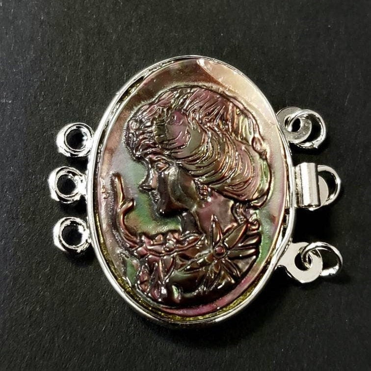 Black lip Mother of Pearl Cameo 3 loop clasp , 22x27Mm long , vintage hand curved Rhodium silver clasp .