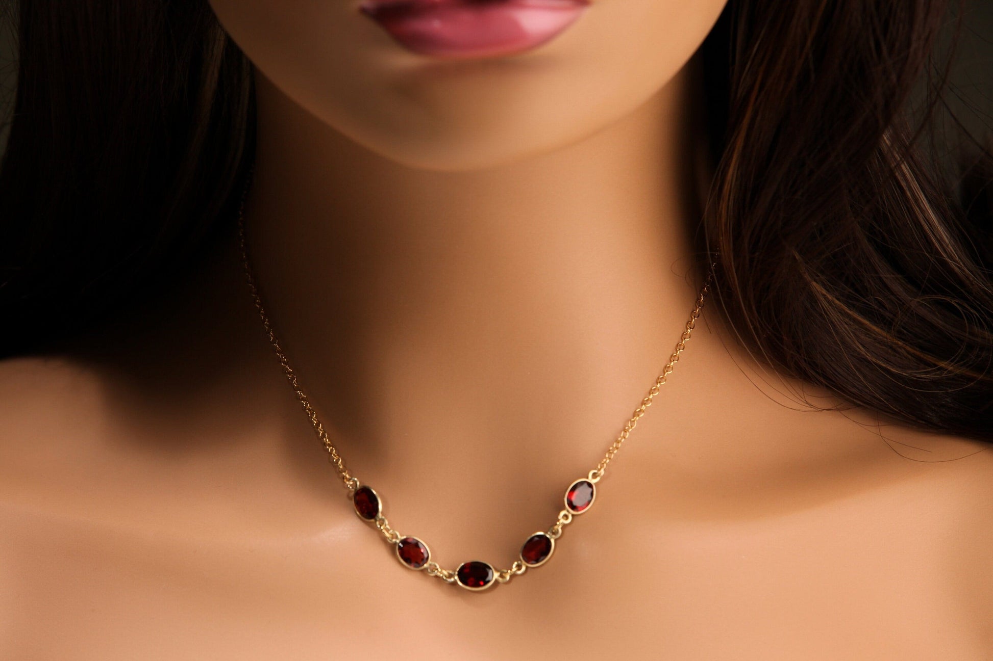 Genuine Garnet Faceted Merlot Red 6x10mm Oval Bezel 14K Gold Filled Cable Chain Necklace, Bridal, January Birthstone, Valentine Gift
