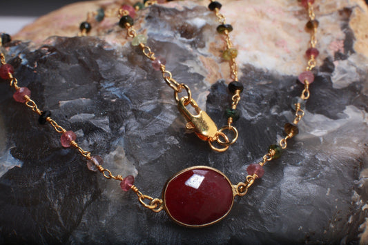 Genuine Ruby Faceted Free Form Oval Gold Vermeil Bezel with Stunning Tourmaline Beaded Rosary Chain 16&quot; Necklace, Girlfriend Gift.