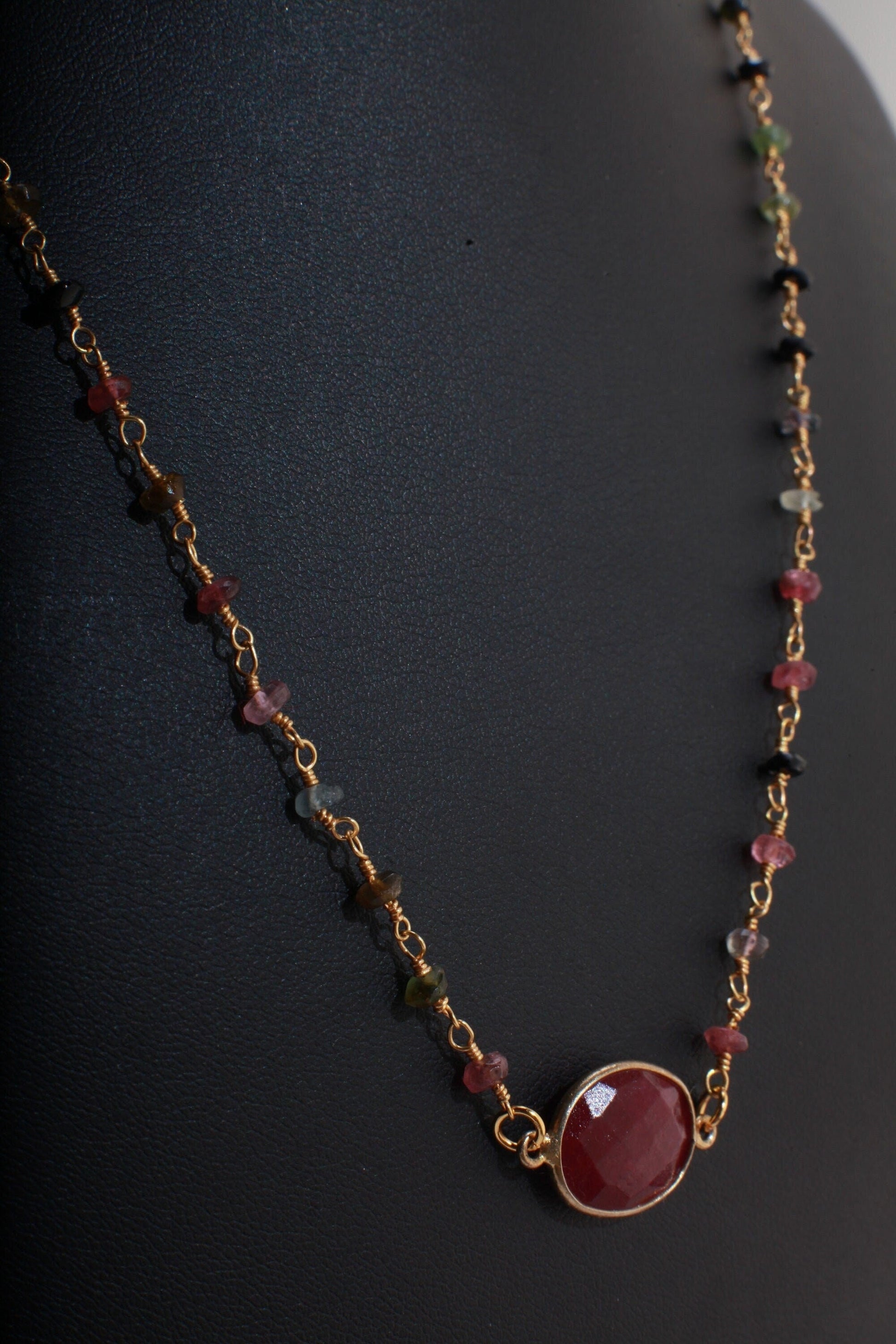 Genuine Ruby Faceted Free Form Oval Gold Vermeil Bezel with Stunning Tourmaline Beaded Rosary Chain 16&quot; Necklace, Girlfriend Gift.