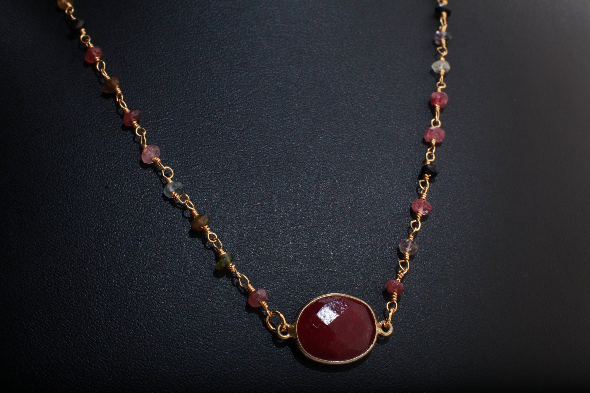 Genuine Ruby Faceted Free Form Oval Gold Vermeil Bezel with Stunning Tourmaline Beaded Rosary Chain 16" Necklace, Girlfriend Gift.