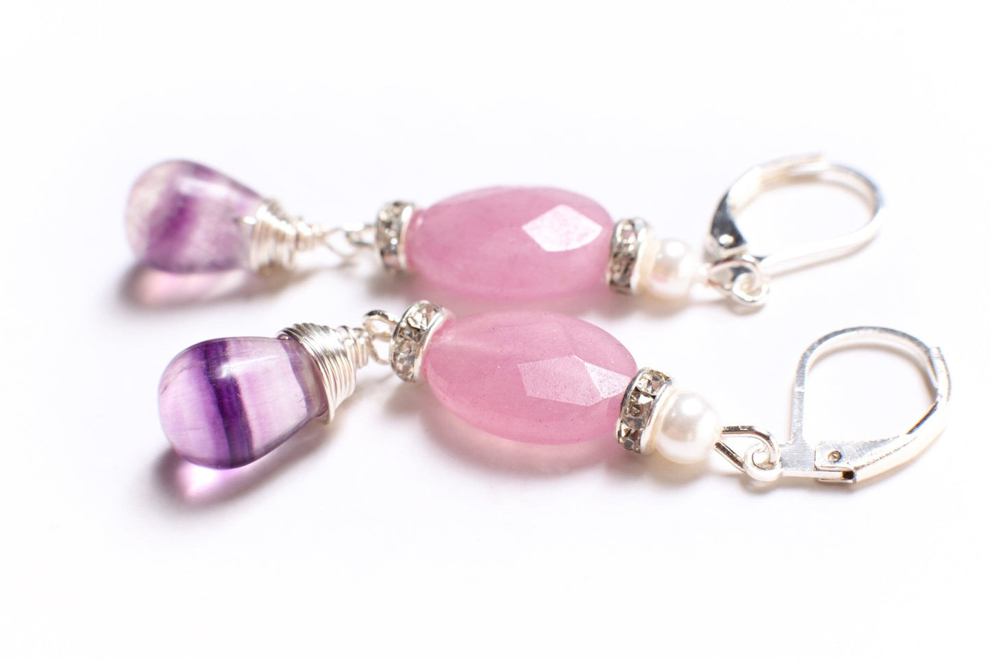 Rainbow Fluorite Briolette, Wire Wrapped Drop 8x12mm, Purple Oval Orchid Jade, 4mm Pearl, Rhinestone Spacer Silver Leverback Earrings