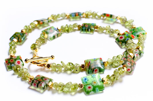Natural Raw Peridot Tumbled Nugget 4x6-5x7mm Gemstone. Spacer pillow shape Millefiori thousand Flower bead 12mm Gold Toggle Clasp Necklace