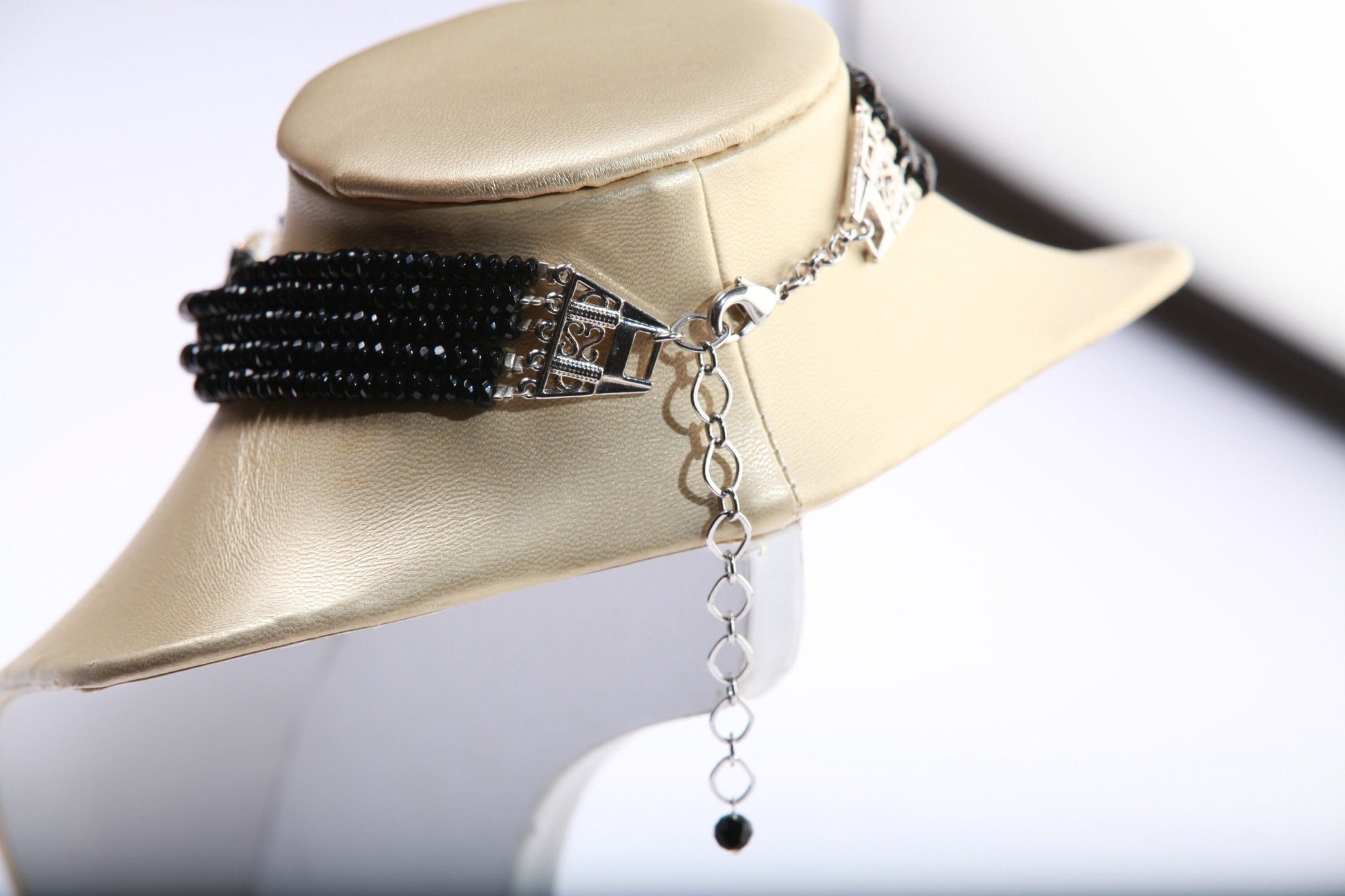 Black Onyx Rhinestones Roundel with Crystal Statement piece and Dangling Onyx Adjustable 5 line Multi Strand Choker 12.5&quot; to 15&quot;