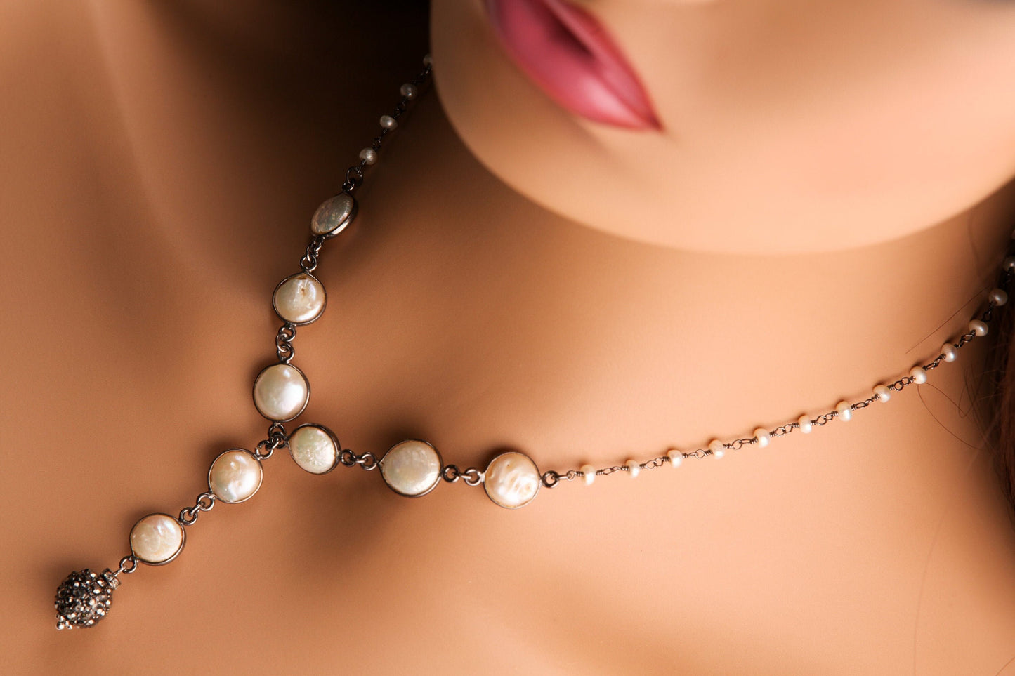 Classic Natural Freshwater Coin Pearl Oxidized Bezel Chain, Accent with Marcasite Ball in Lariat Choker Wire Wrap Pearl Chain, Y Necklace