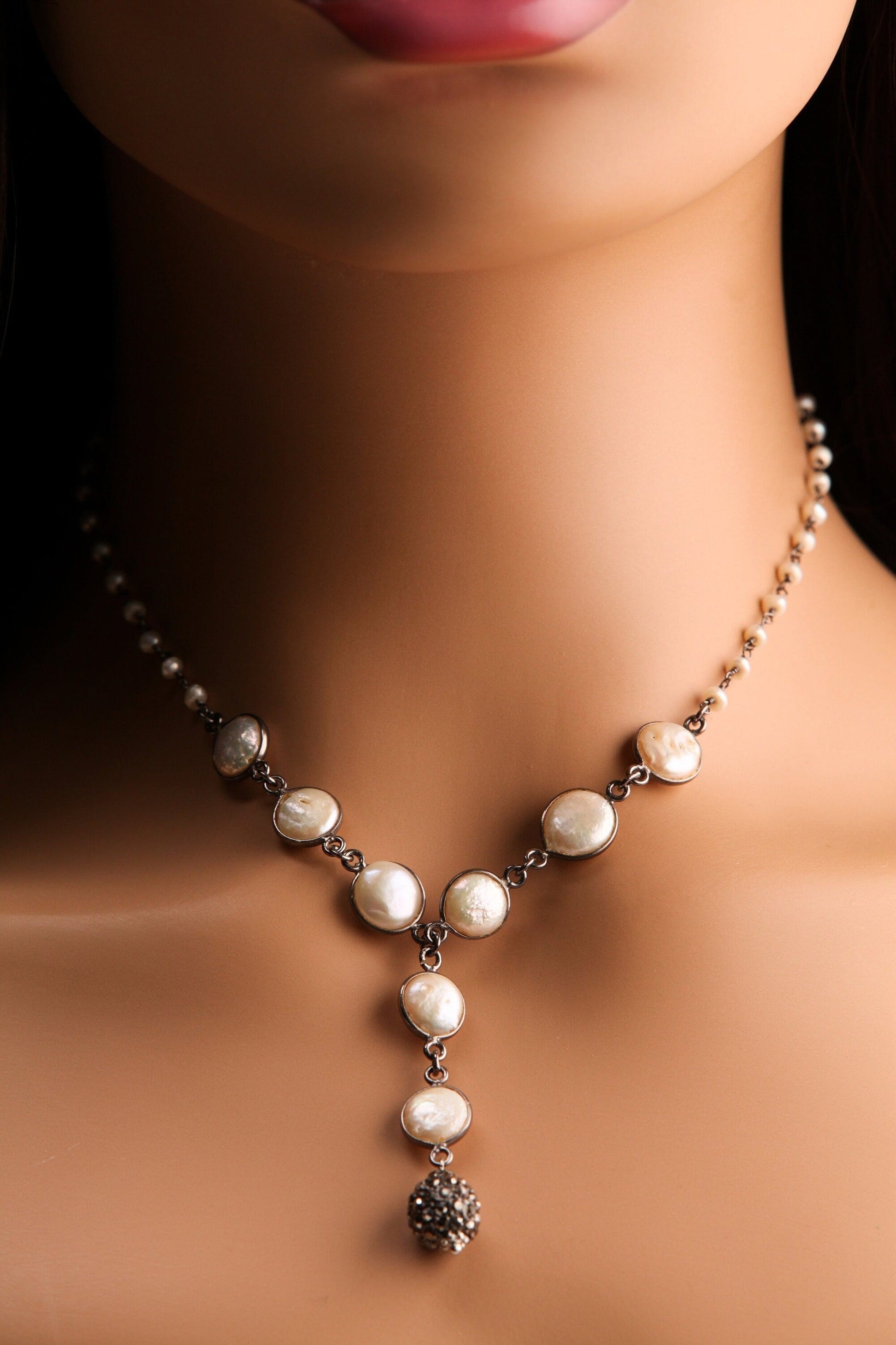 Classic Natural Freshwater Coin Pearl Oxidized Bezel Chain, Accent with Marcasite Ball in Lariat Choker Wire Wrap Pearl Chain, Y Necklace