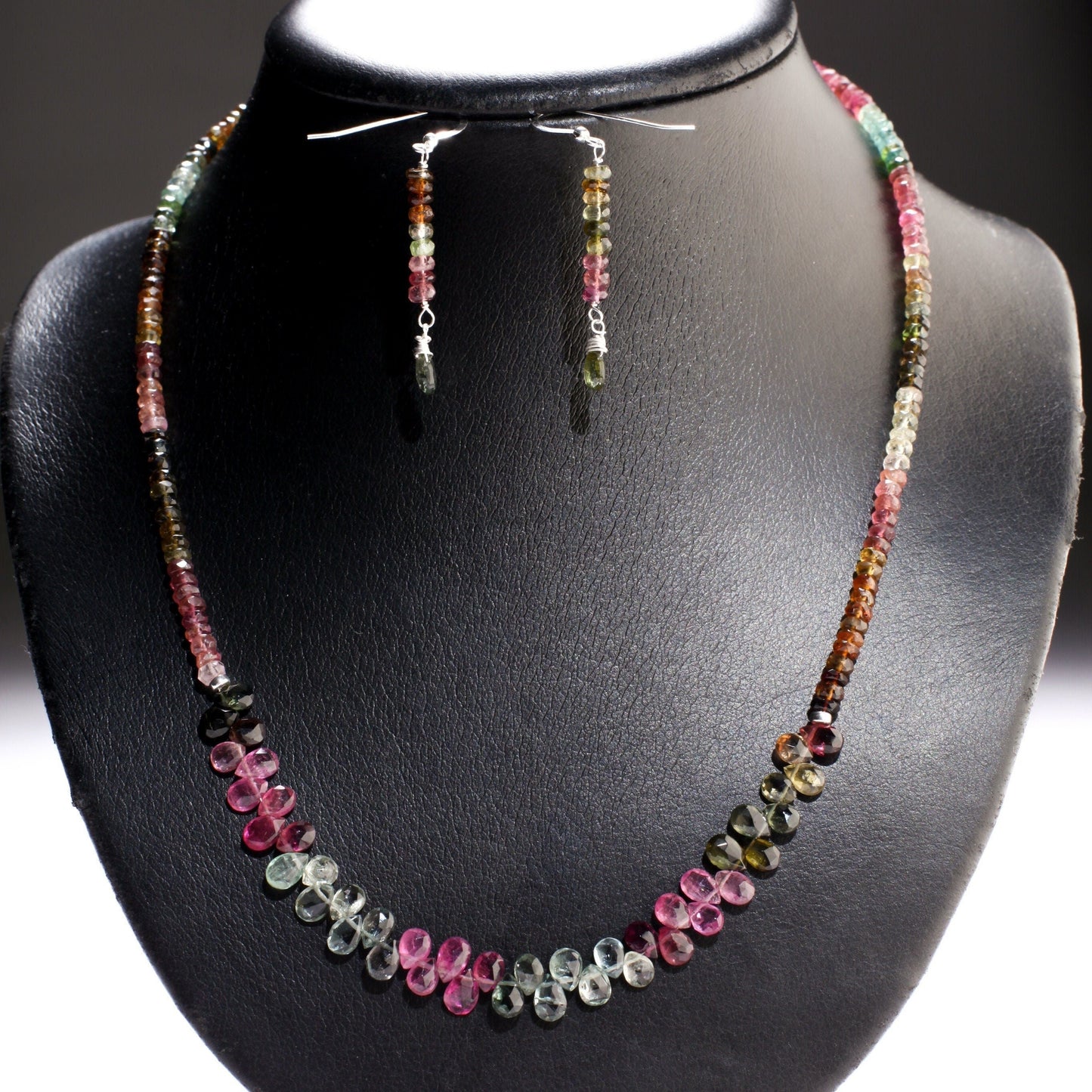 Natural Multi Watermelon Tourmaline AAA Faceted Briolette Teardrop Necklace 20&quot; and matching Earrings Jewelry set in 925 Sterling Silver