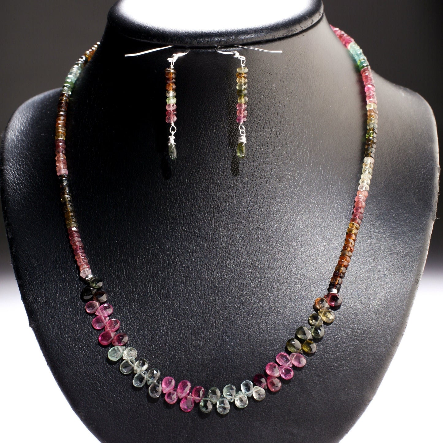 Natural Multi Watermelon Tourmaline AAA Faceted Briolette Teardrop Necklace 20" and matching Earrings Jewelry set in 925 Sterling Silver