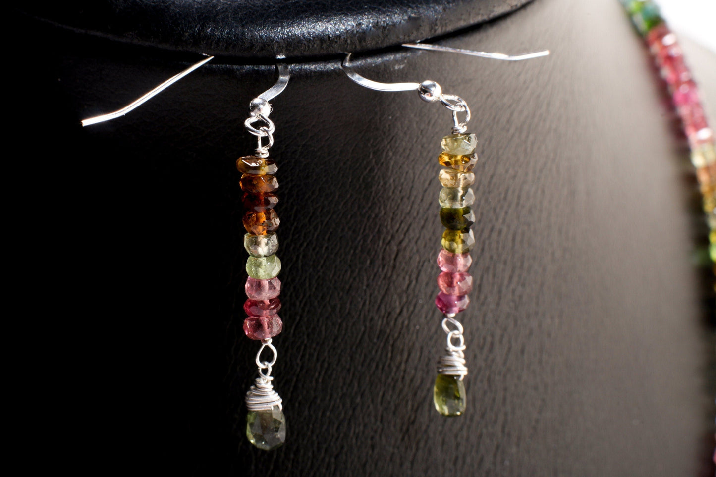 Natural Multi Watermelon Tourmaline AAA Faceted Briolette Teardrop Necklace 20&quot; and matching Earrings Jewelry set in 925 Sterling Silver