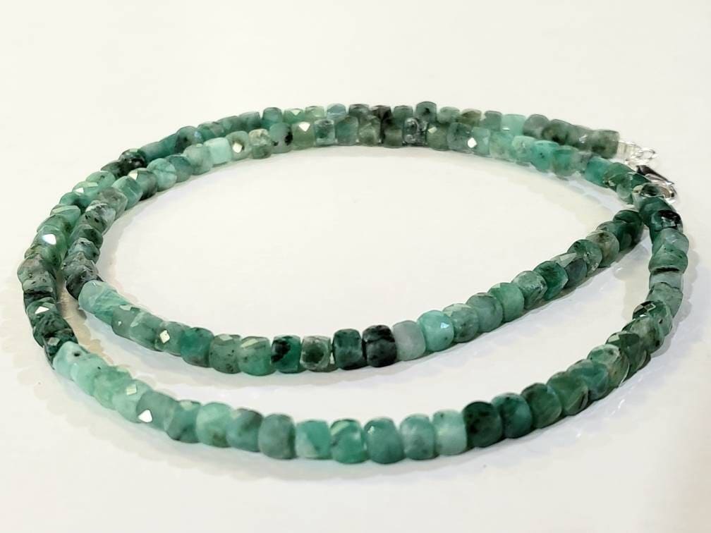 Natural Emerald Ombre 4-4.5mm Faceted Square Cube shape with 925 Sterling Silver Necklace, Energy Chakra Yoga Gift.