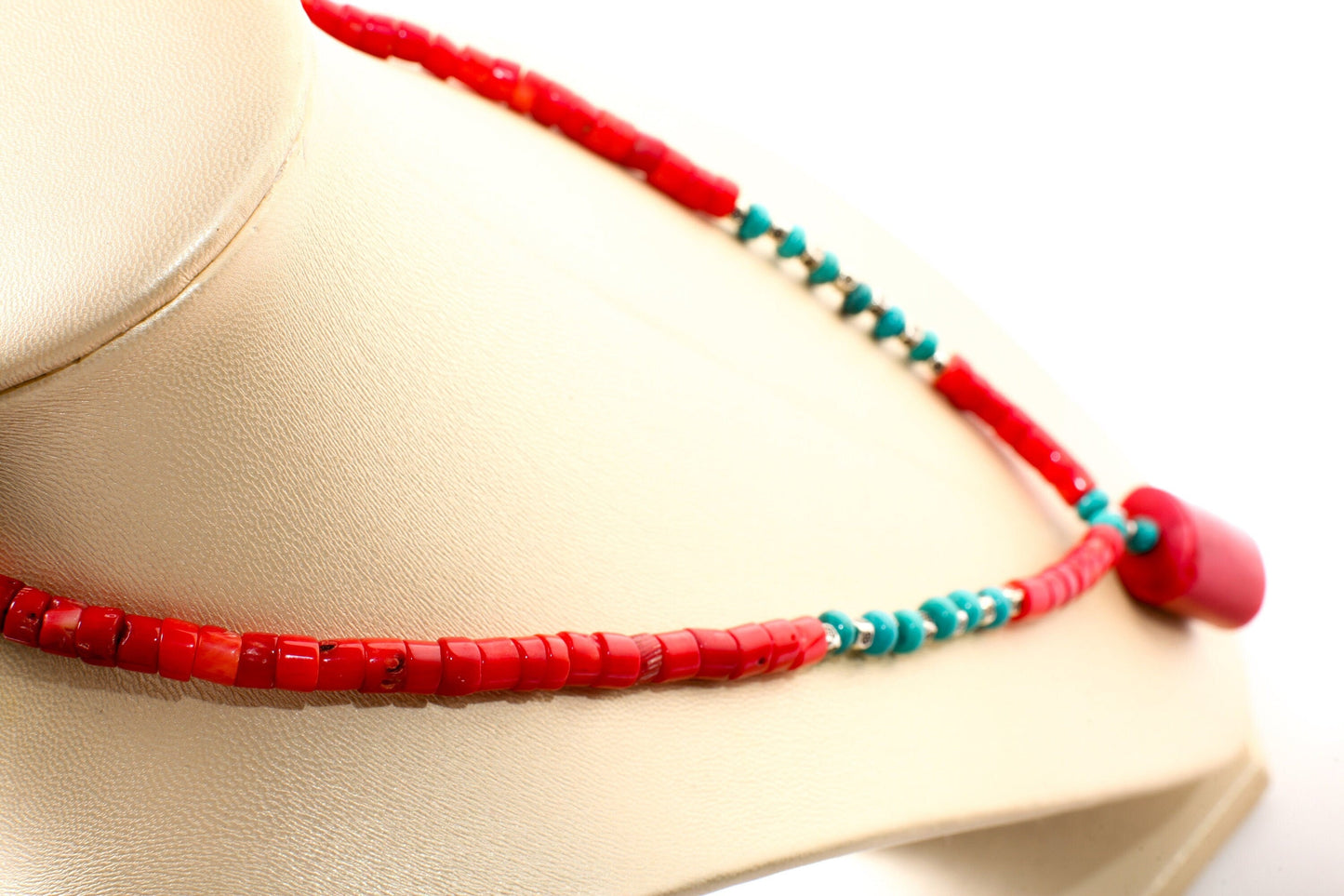 Genuine AAA Red Bamboo Coral Heishe and Turquoise Rondelle Spacers Necklace, 21x26mm Bamboo Coral Oval Tube Centerpiece 19&quot; Necklace