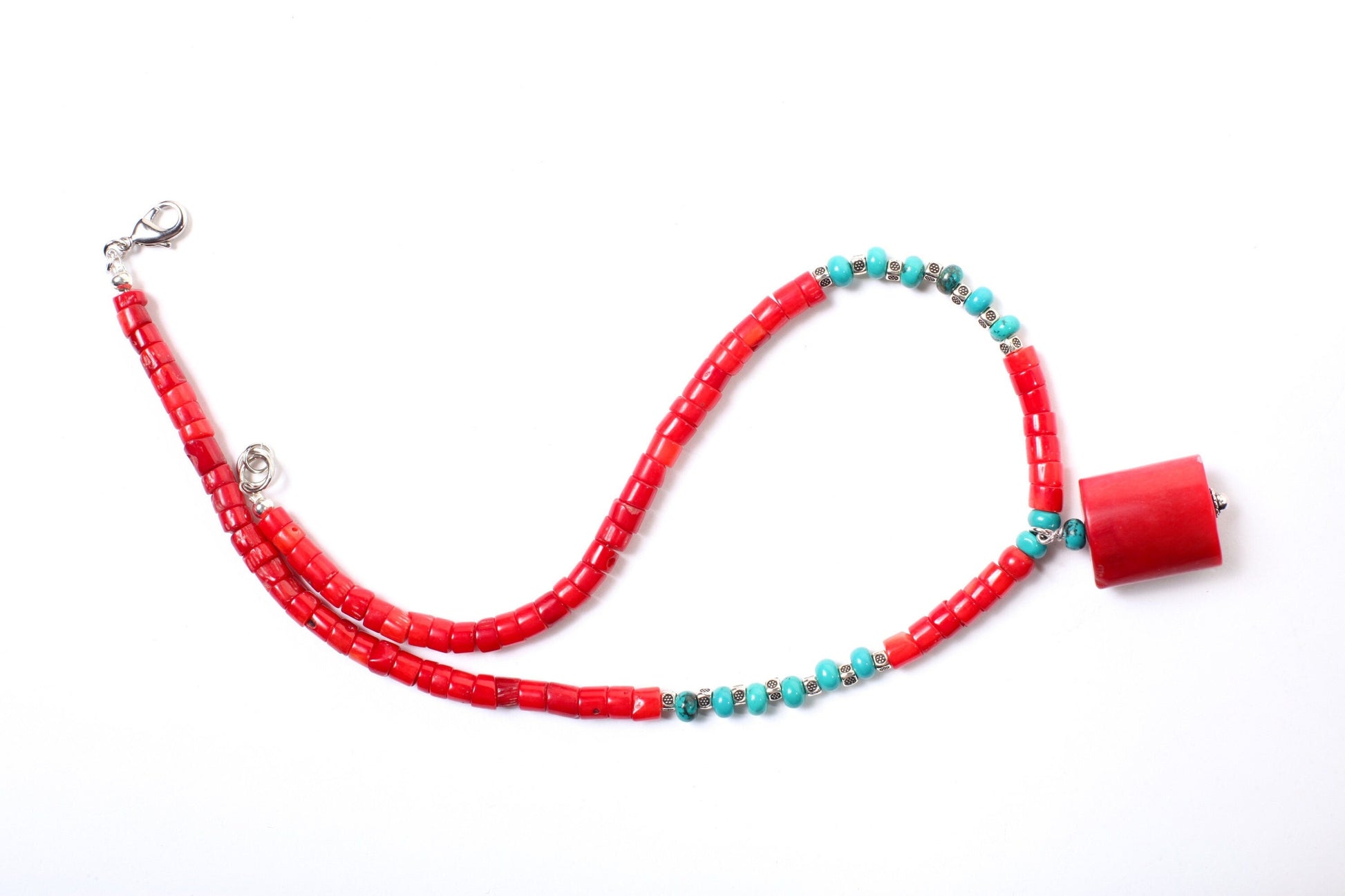 Genuine AAA Red Bamboo Coral Heishe and Turquoise Rondelle Spacers Necklace, 21x26mm Bamboo Coral Oval Tube Centerpiece 19&quot; Necklace