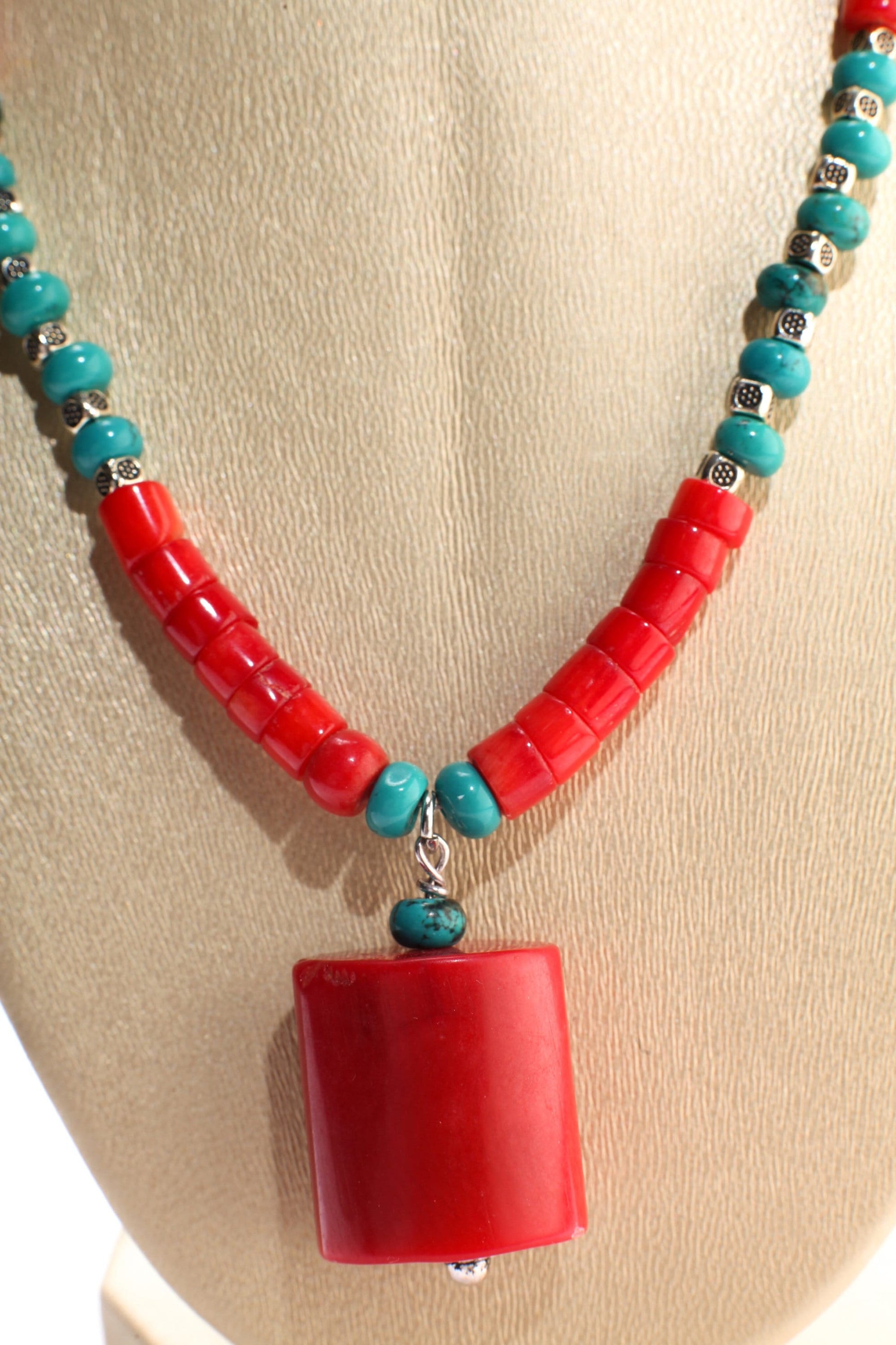 Genuine AAA Red Bamboo Coral Heishe and Turquoise Rondelle Spacers Necklace, 21x26mm Bamboo Coral Oval Tube Centerpiece 19&quot; Necklace