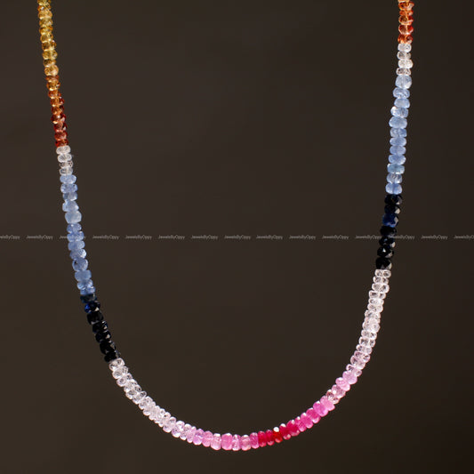 Multi Sapphire 3-3.5mm micro faceted Rondelle Necklace in 925 Sterling Silver, AAA quality Natural gems, September Birthstone precious Gift.