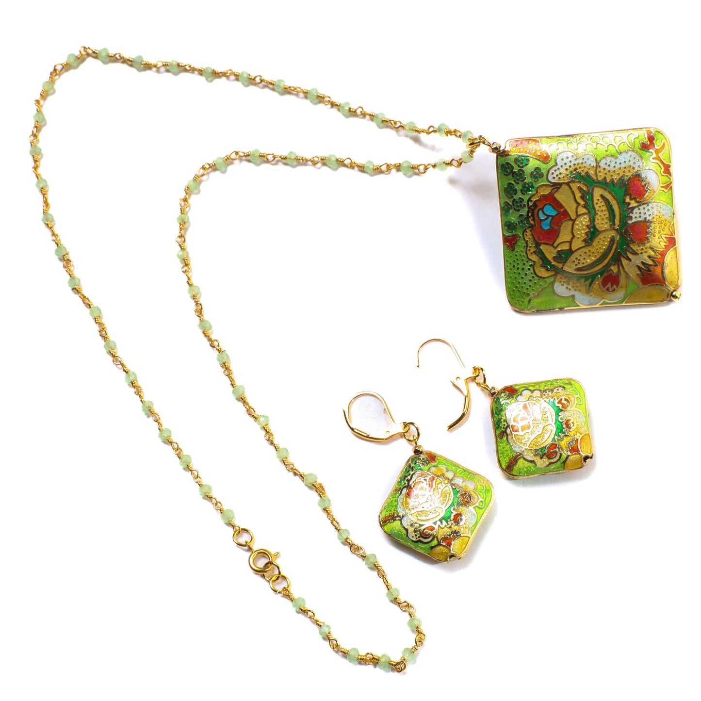 Traditional Cloisonné Pendant Vintage Floral Flowers Pink Revisable Focal with Beaded Chain Necklace 20" and matching Earrings set