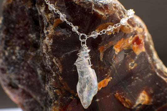Natural Rock Crystal Raw Druzy Wire Wrapped Pendant with Moonstone Faceted Rondelle Gemstone Necklace in 925 Sterling Silver,Gift For Her
