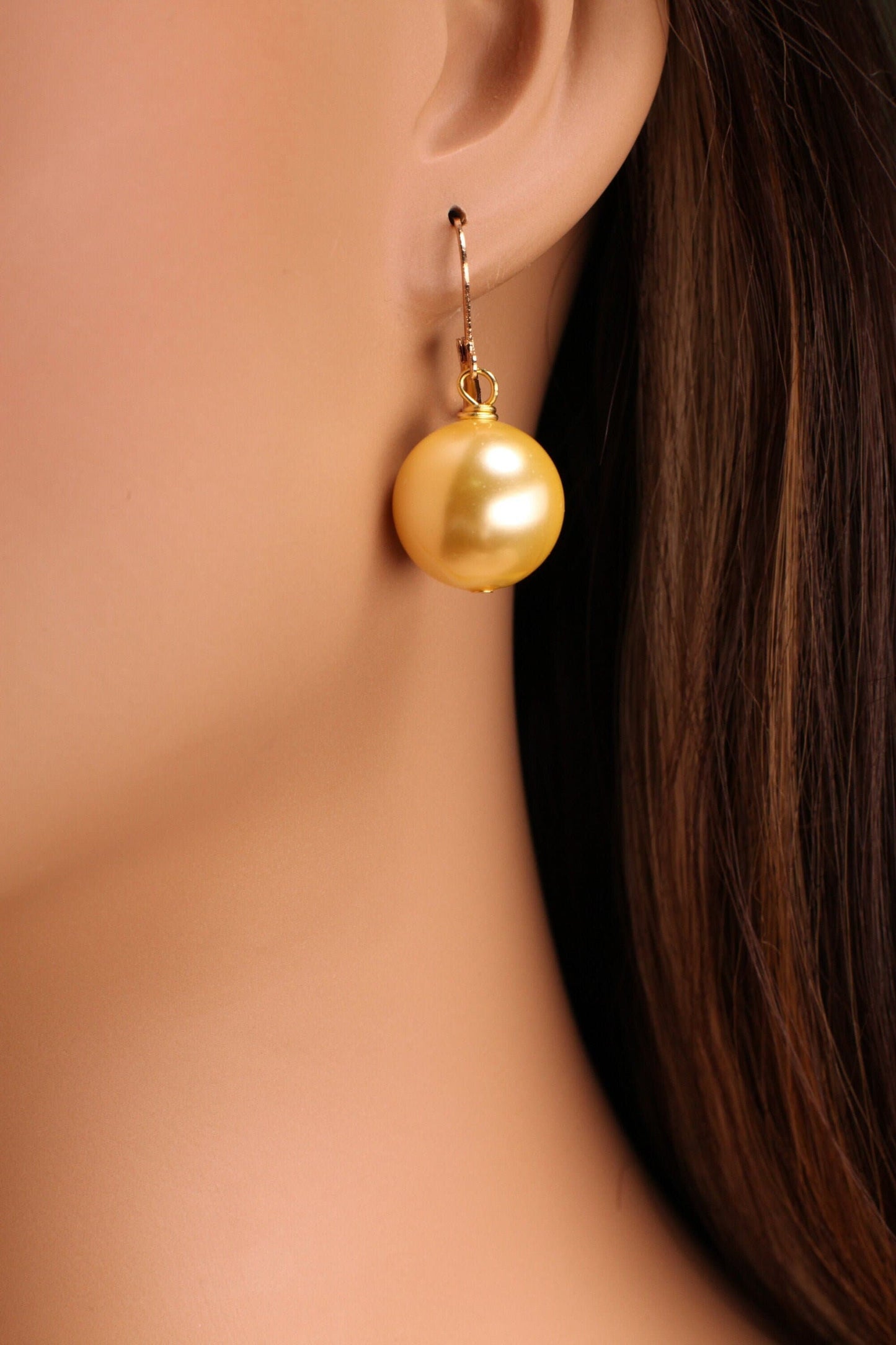 Golden Yellow South Sea Shell Pearl 14, 16mm Large High Luster in Gold Plated or 14k Gold Filled Leverback Earrings, Bridal, Gift for Her