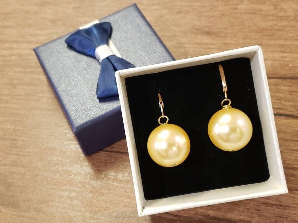 Golden Yellow South Sea Shell Pearl 14, 16mm Large High Luster in Gold Plated or 14k Gold Filled Leverback Earrings, Bridal, Gift for Her