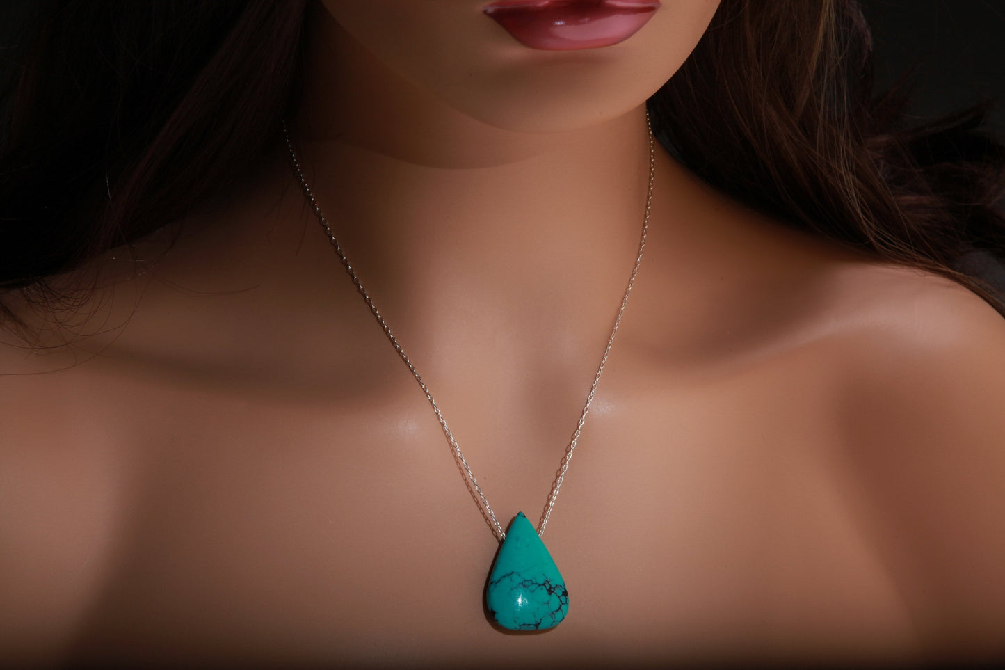 Genuine Tibetan Spiderweb Turquoise Double Sided Teardrop Gemstone Briolette Pear Shape Pendant 925 Sterling Silver Chain 18&quot; Gift For Her
